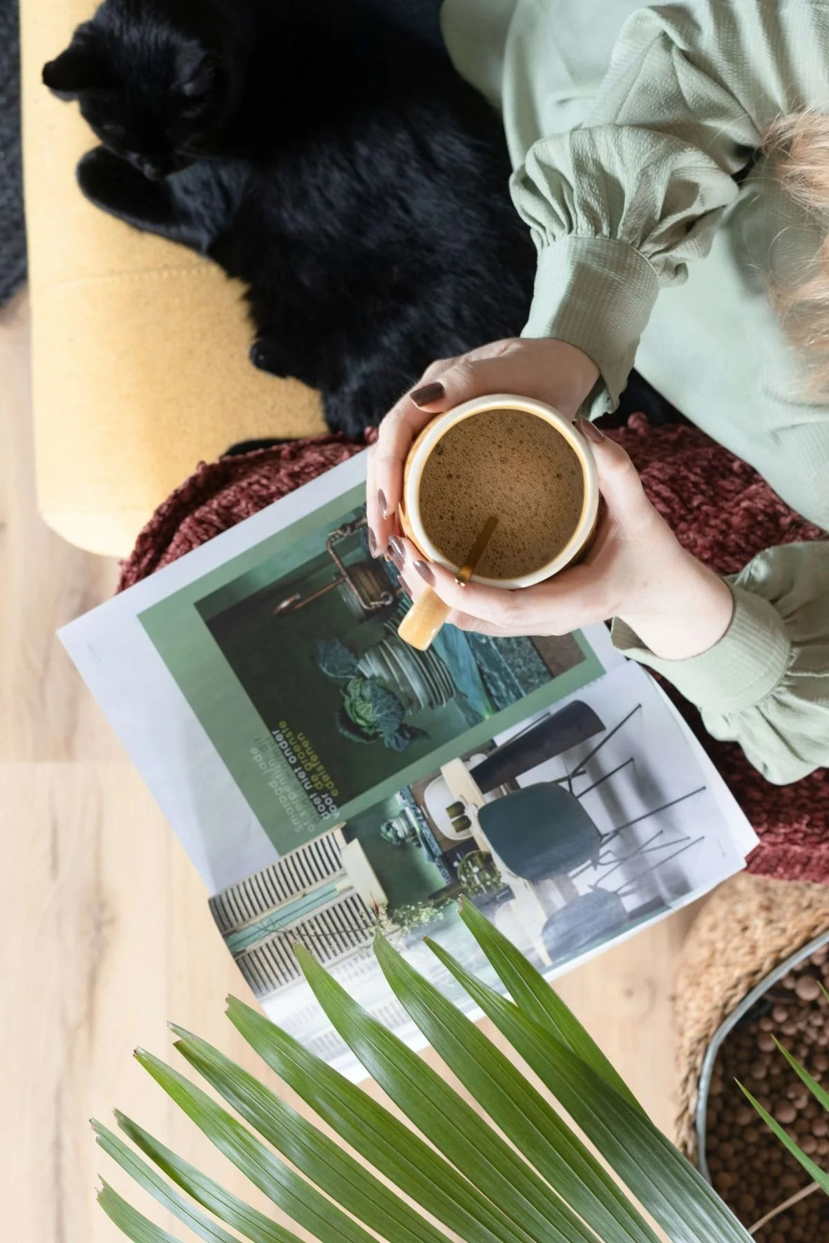 Woman at home drinking coffee, reading a magazine with her cat nearby, therapy for therapists online in Texas, therapist, Rebecca Flores, LPC