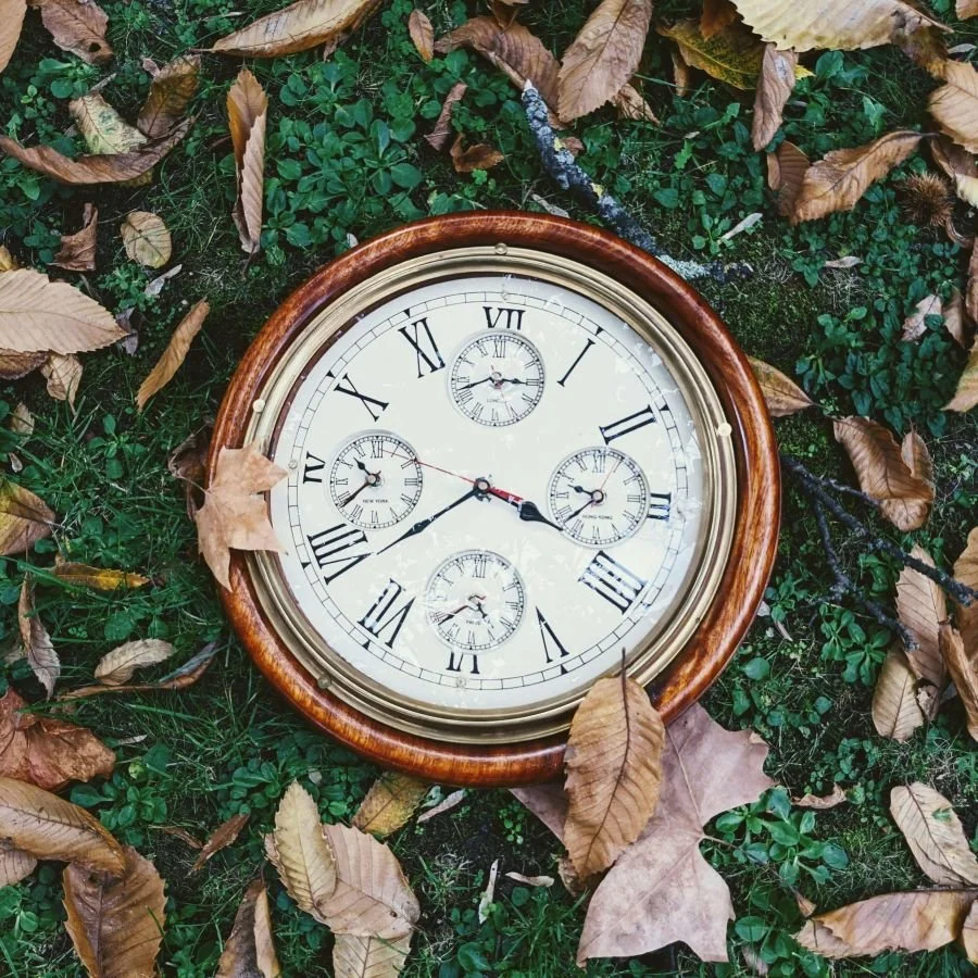 Vintage clock with roman numerals resting in grass, trauma-based perfectionism therapy San Antonio Texas