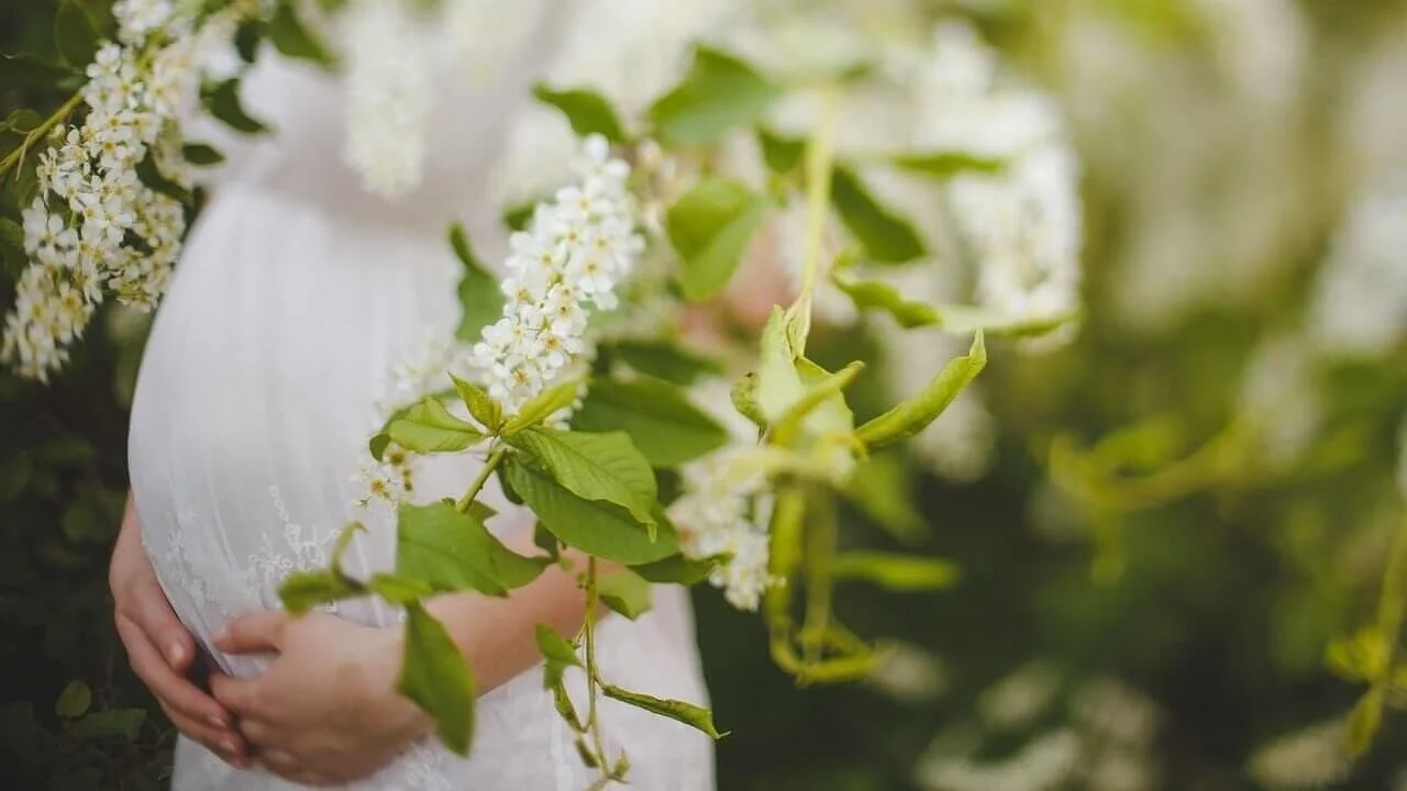 Woman behind flowers holding pregnant belly, pregnancy trauma therapy and support San Antonio Texas