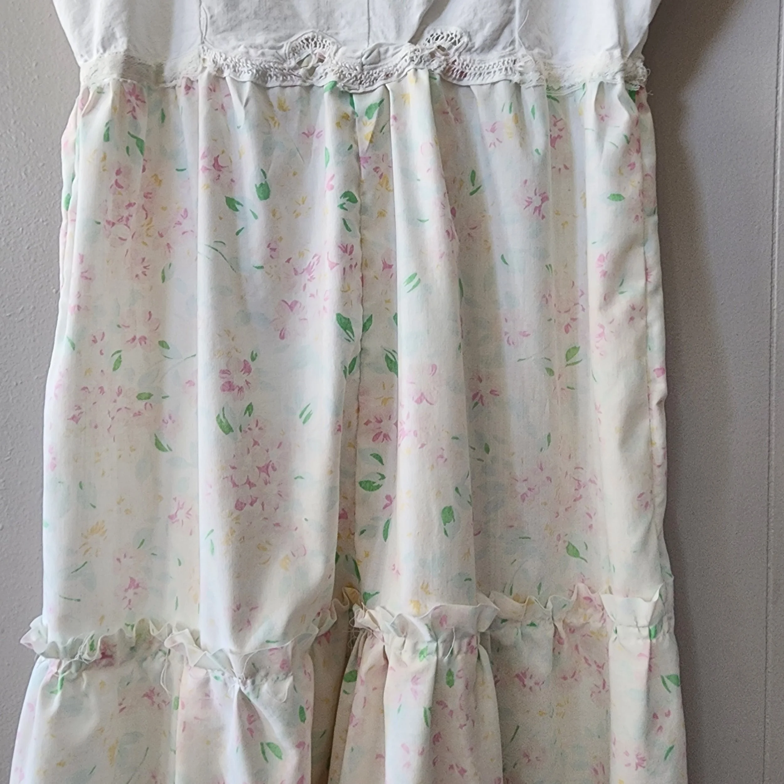 Handmade Vintage Textile Dress Easter Spring 1970s Pillowcase & 1980s Crochet XL - Hello Gorgeous Threads