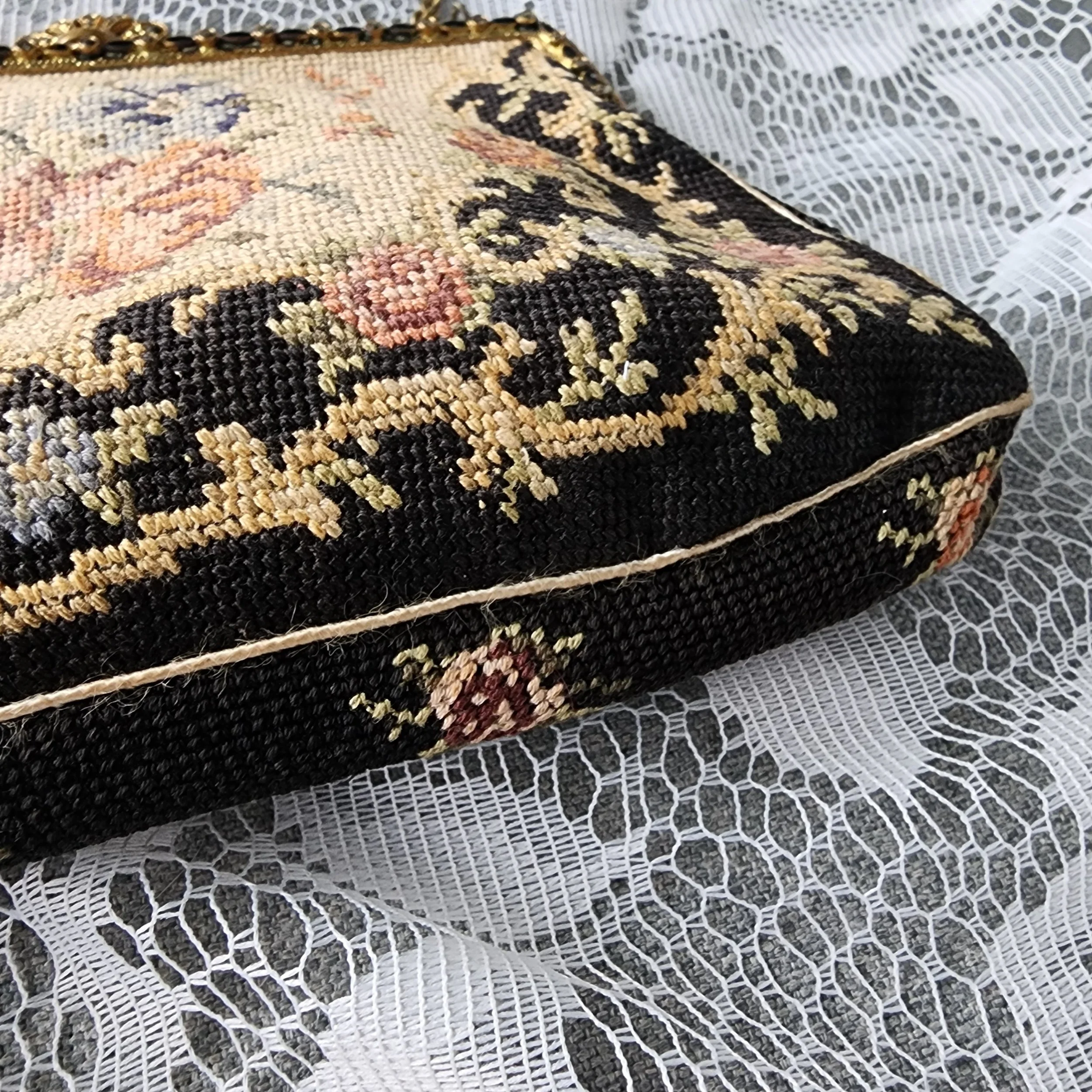 Vintage Petit Point Purse Floral Needlepoint Evening Bag Brass Frame - Hello Gorgeous Threads