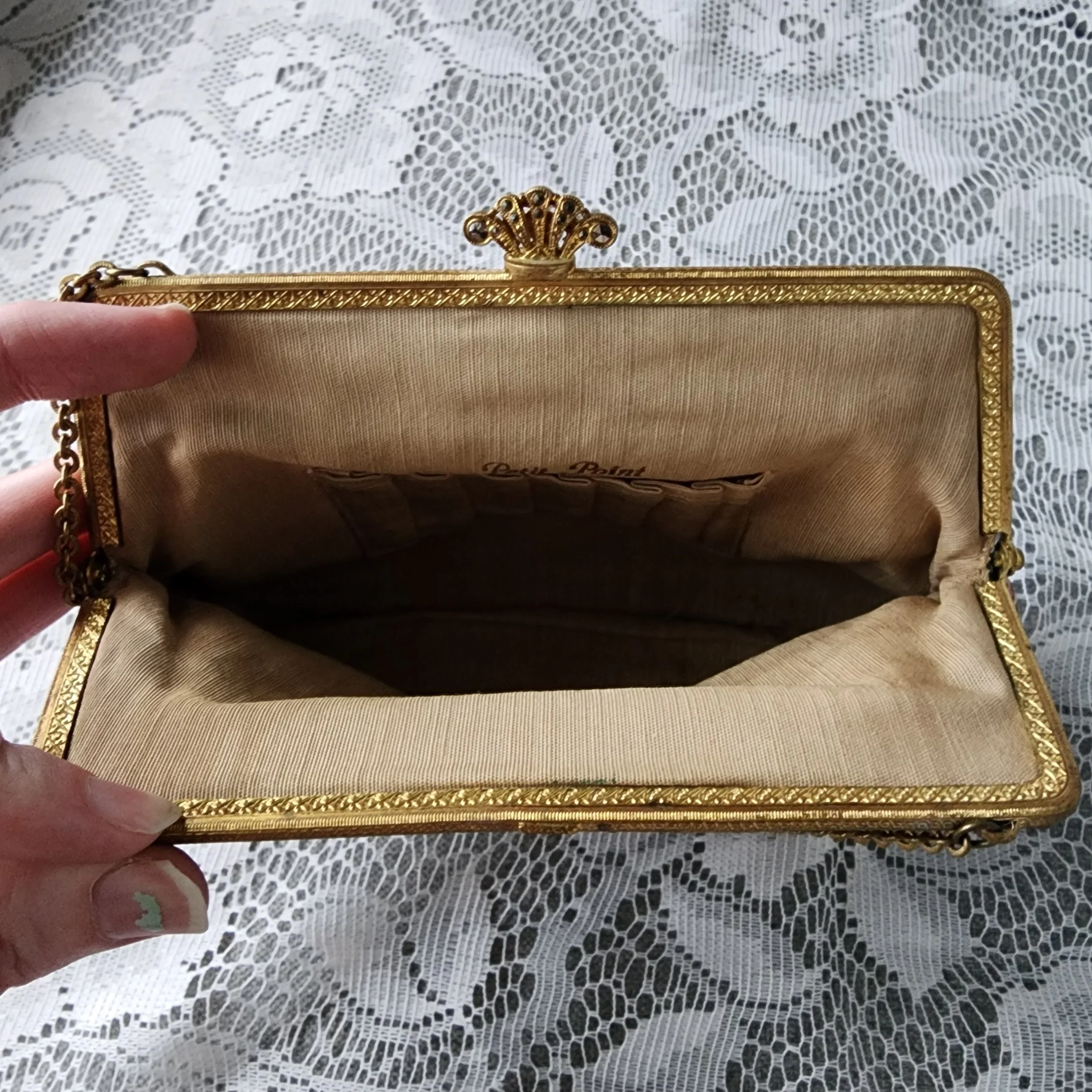 Vintage Petit Point Purse Floral Needlepoint Evening Bag Brass Frame - Hello Gorgeous Threads