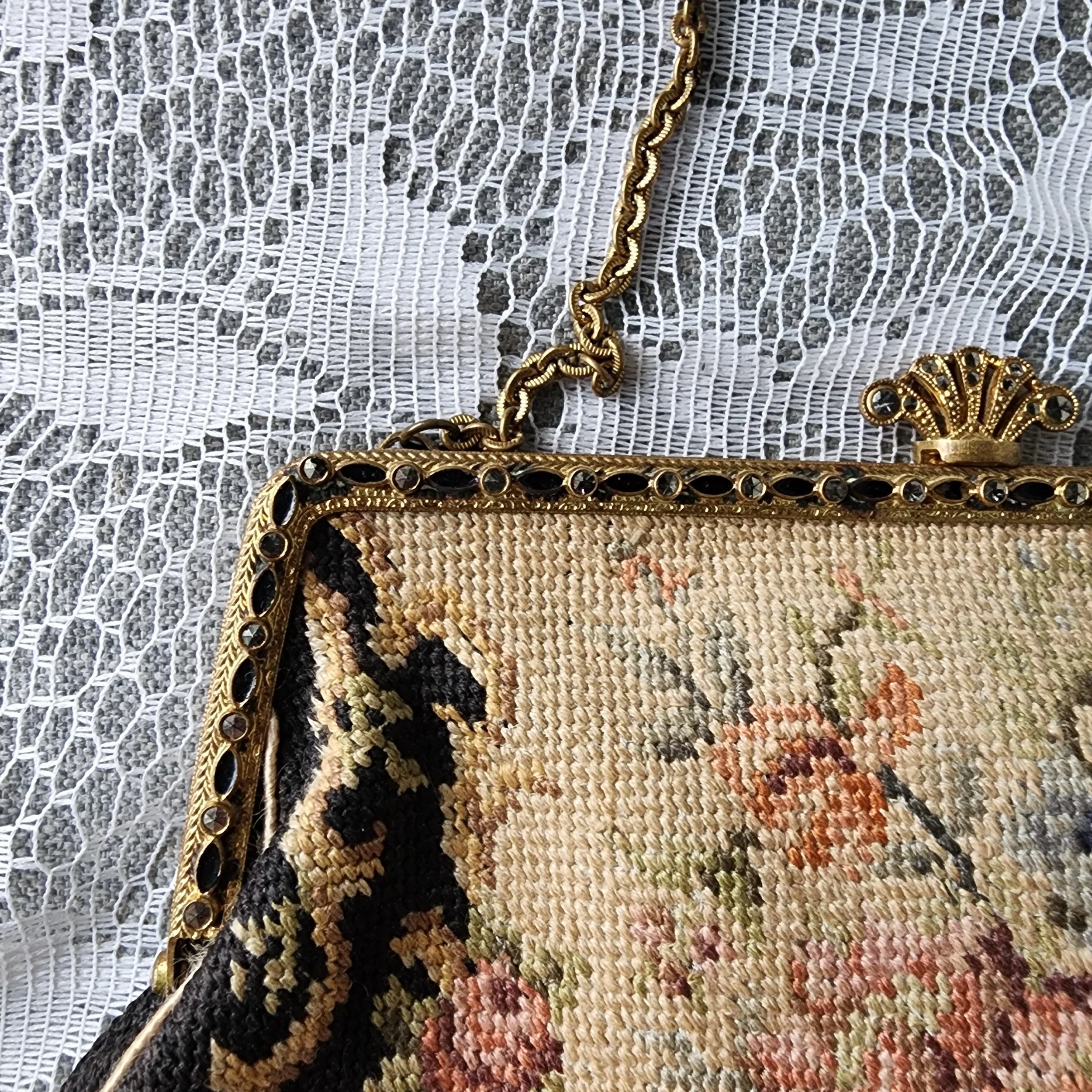 Vintage Petit Point Purse Floral Needlepoint Evening Bag Brass Frame - Hello Gorgeous Threads