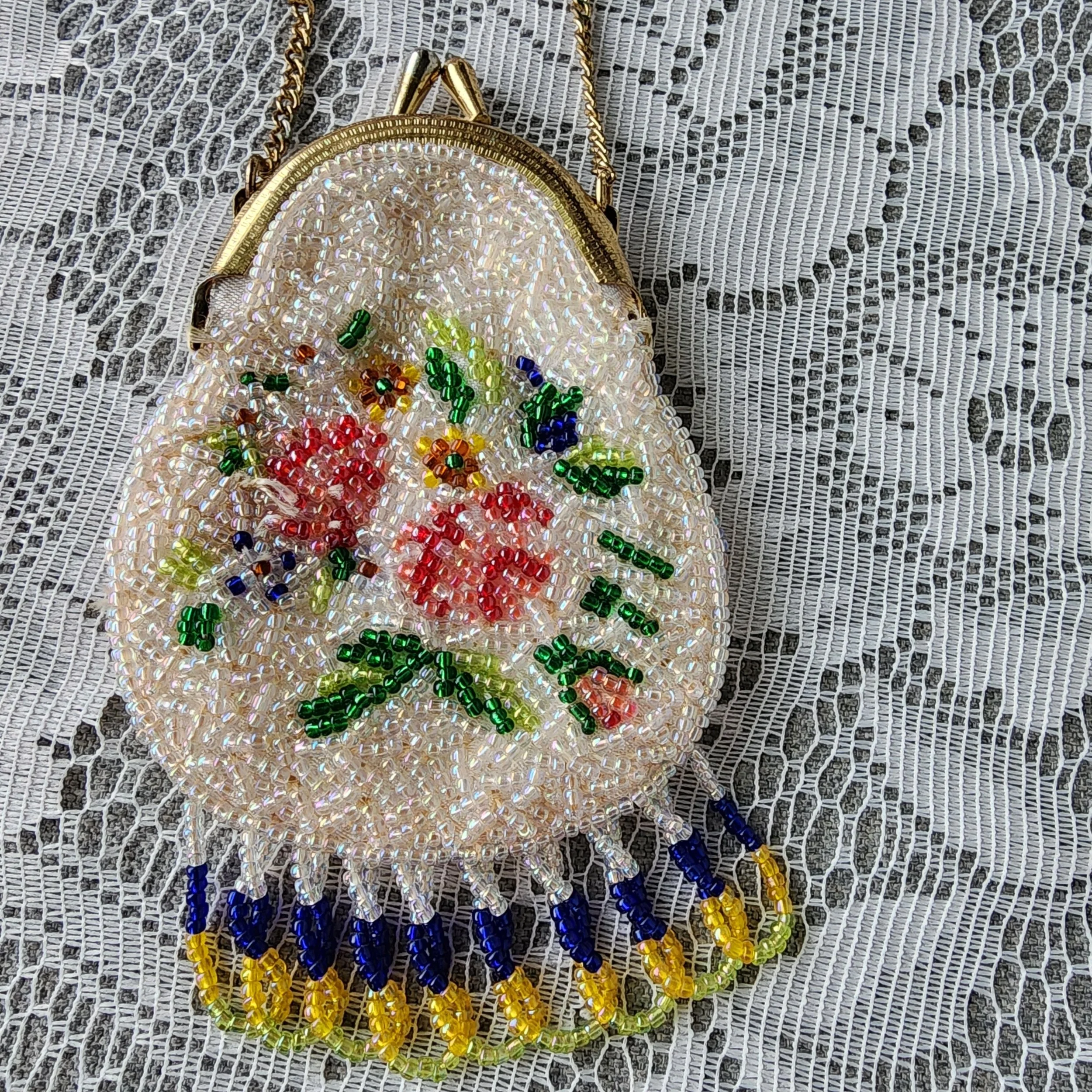 Antique Vintage Beaded Floral Purse 1920s Art Deco Flapper Evening Bag Fringe - Hello Gorgeous Threads