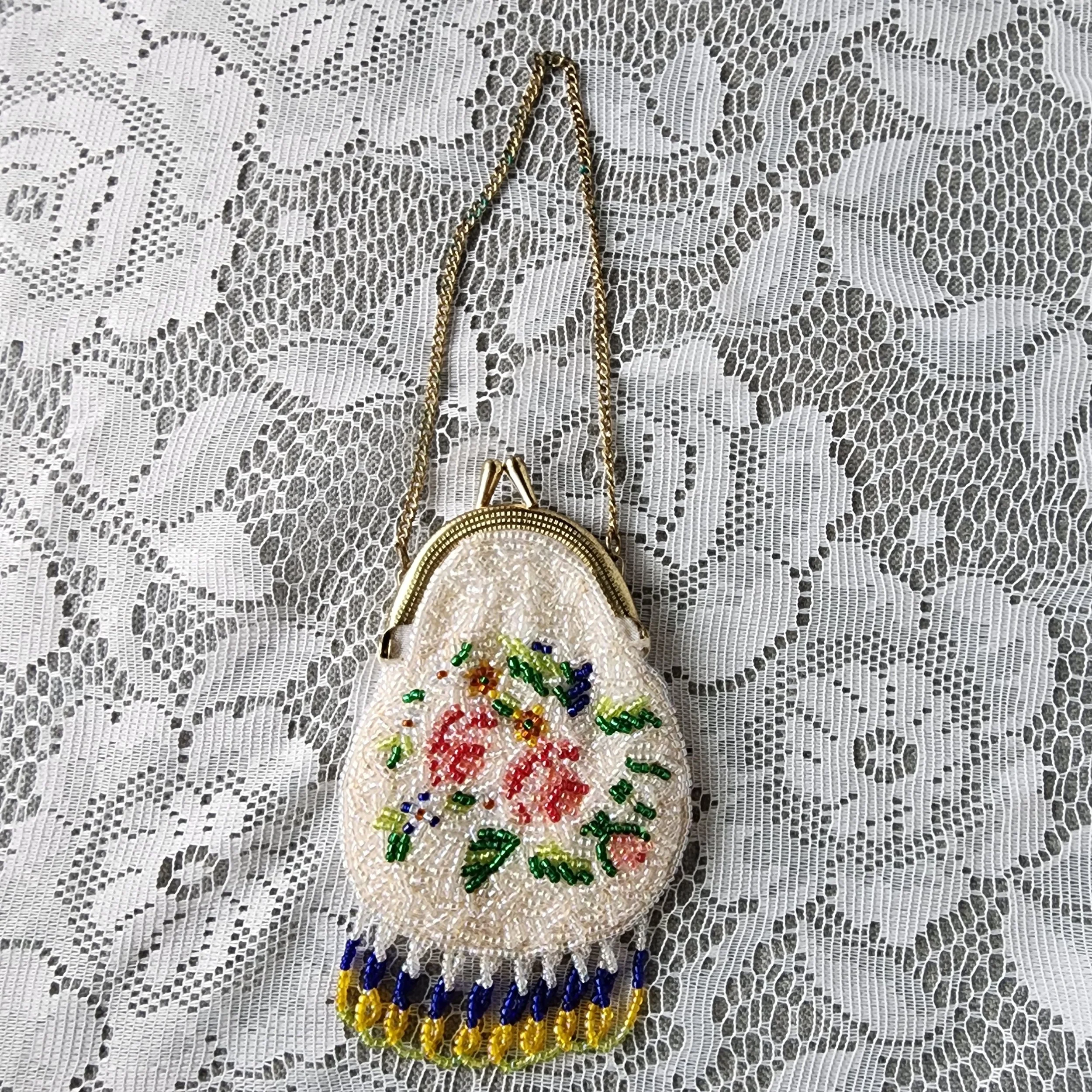 Antique Vintage Beaded Floral Purse 1920s Art Deco Flapper Evening Bag Fringe - Hello Gorgeous Threads