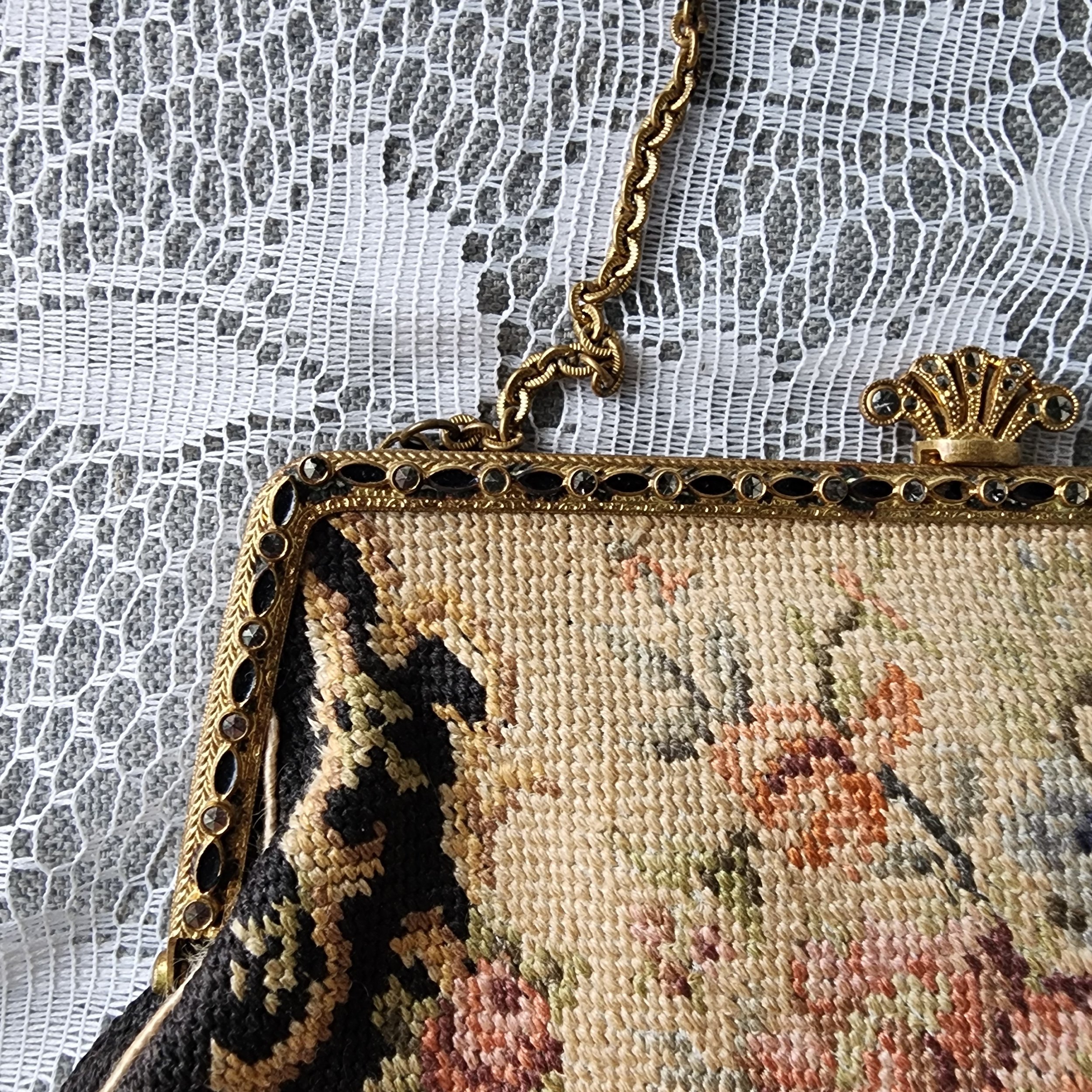 Vintage Petit Point Purse Floral Needlepoint Evening Bag Brass Frame - Hello Gorgeous Threads