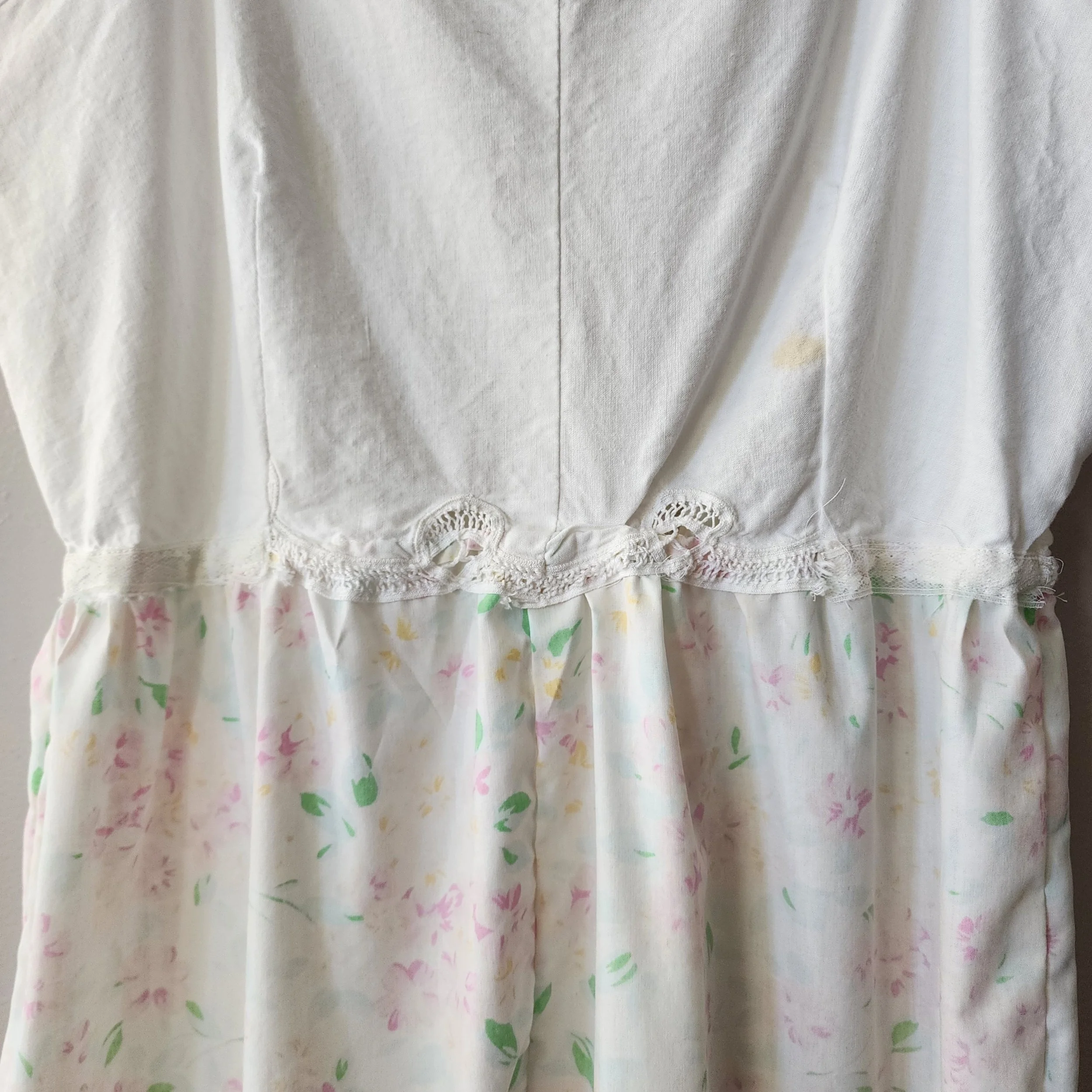 Handmade Vintage Textile Dress Easter Spring 1970s Pillowcase & 1980s Crochet XL - Hello Gorgeous Threads