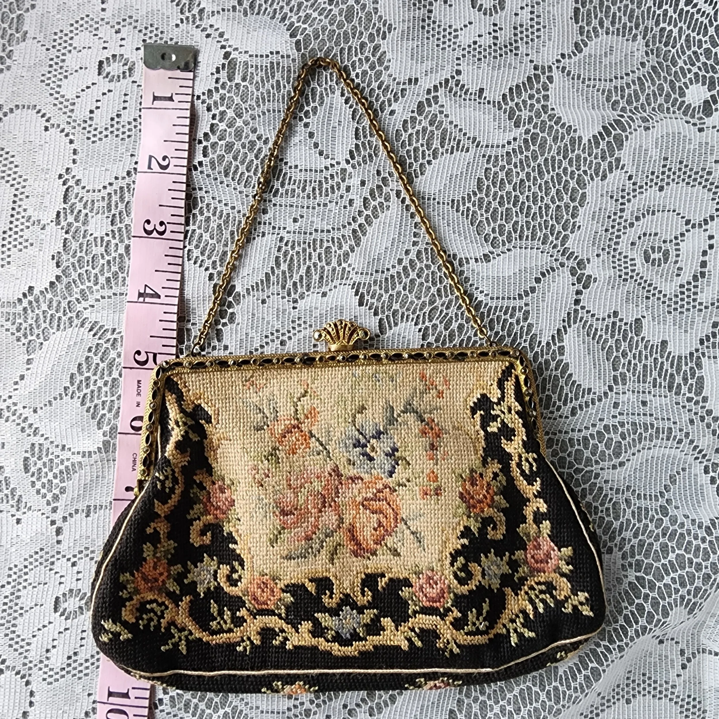 Vintage Petit Point Purse Floral Needlepoint Evening Bag Brass Frame - Hello Gorgeous Threads