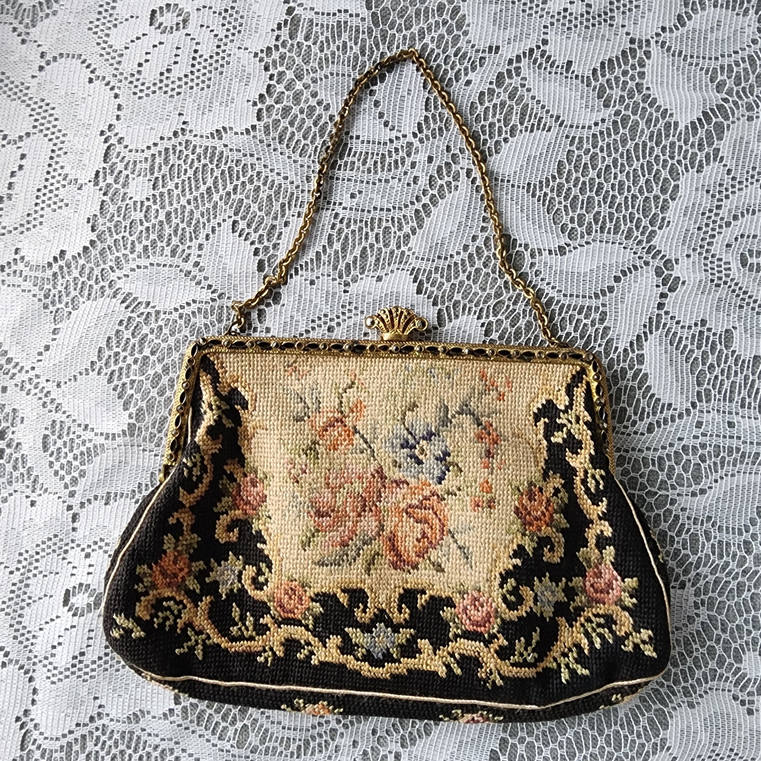 Vintage Petit Point Purse Floral Needlepoint Evening Bag Brass Frame - Hello Gorgeous Threads