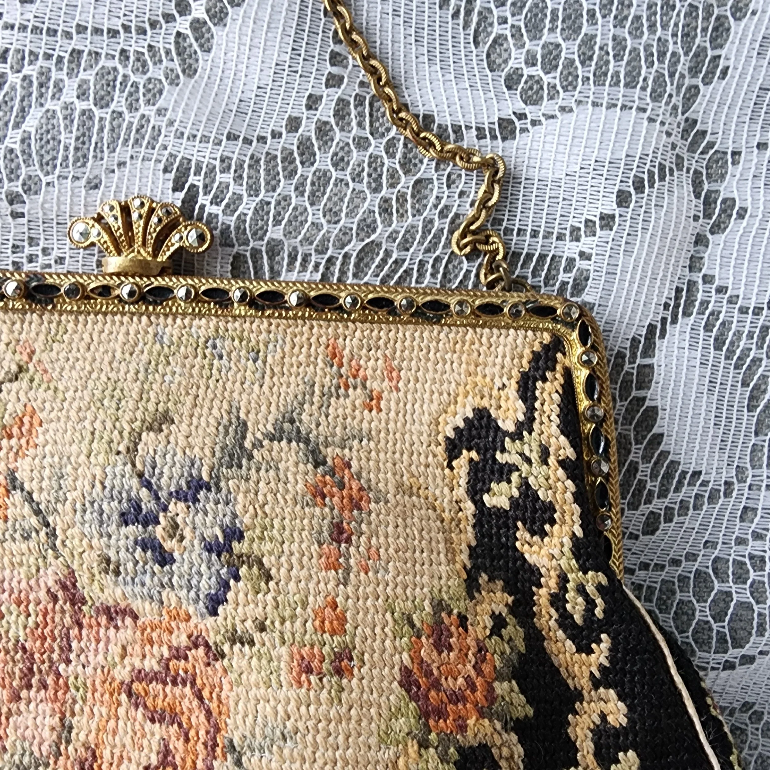 Vintage Petit Point Purse Floral Needlepoint Evening Bag Brass Frame - Hello Gorgeous Threads
