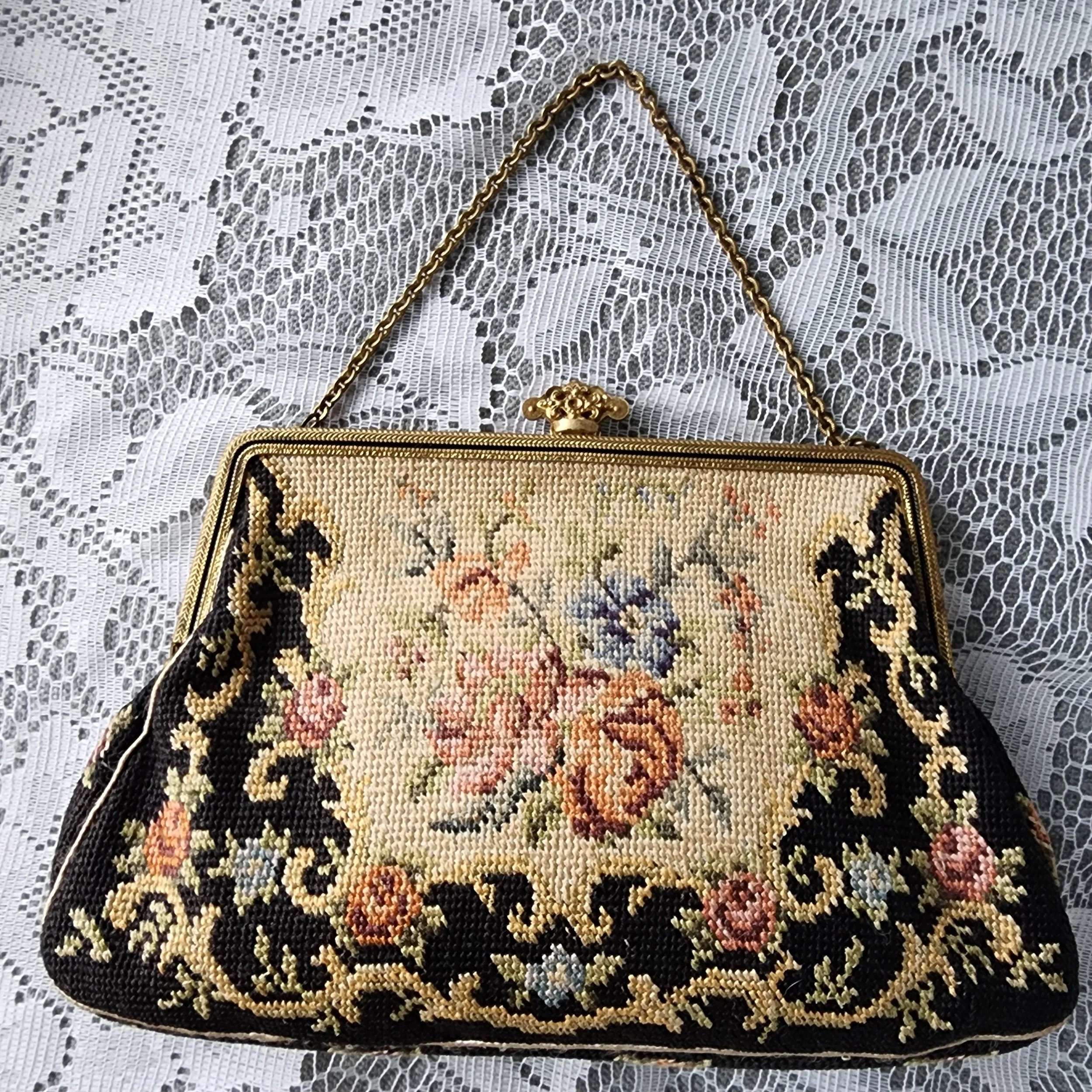 Vintage Petit Point Purse Floral Needlepoint Evening Bag Brass Frame - Hello Gorgeous Threads