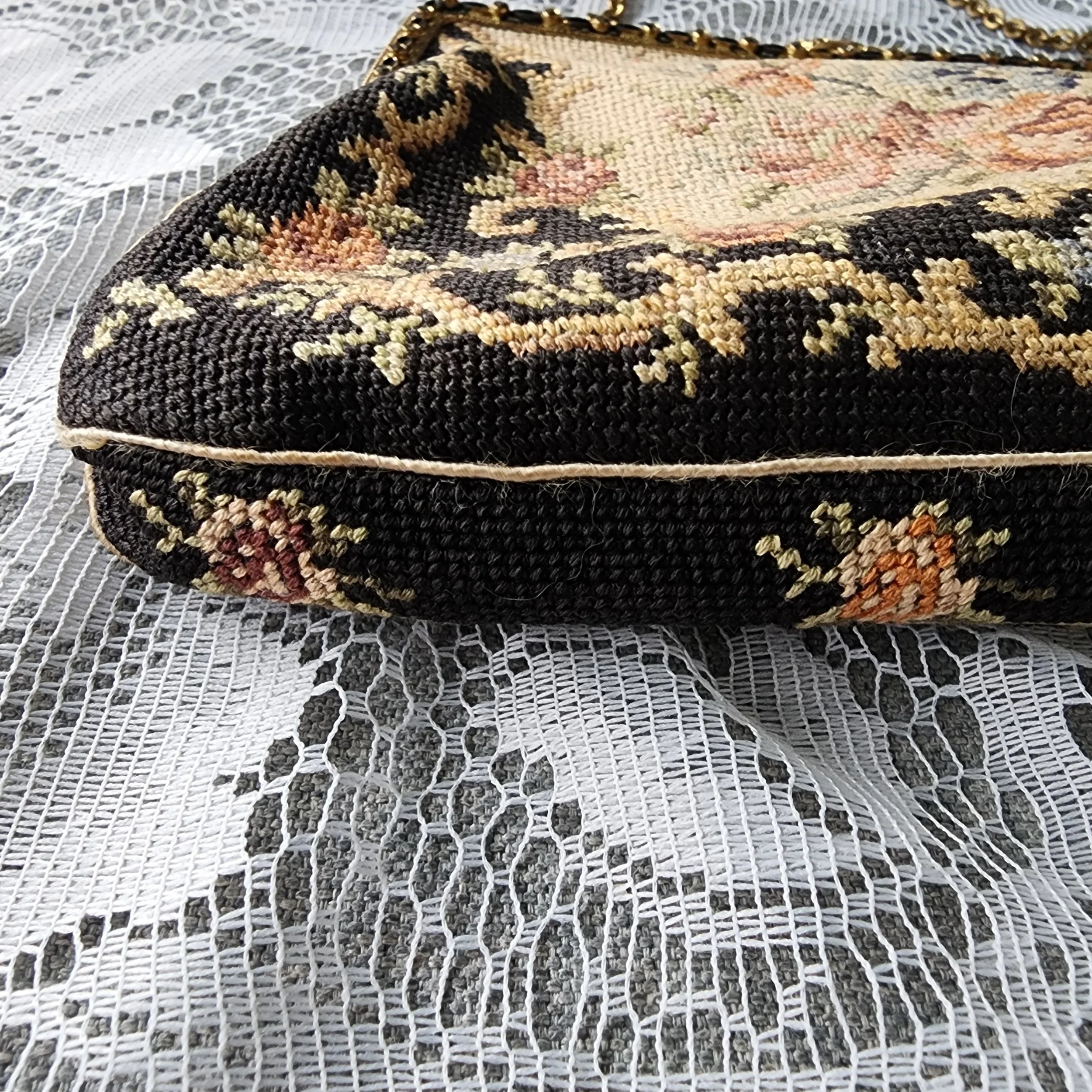 Vintage Petit Point Purse Floral Needlepoint Evening Bag Brass Frame - Hello Gorgeous Threads