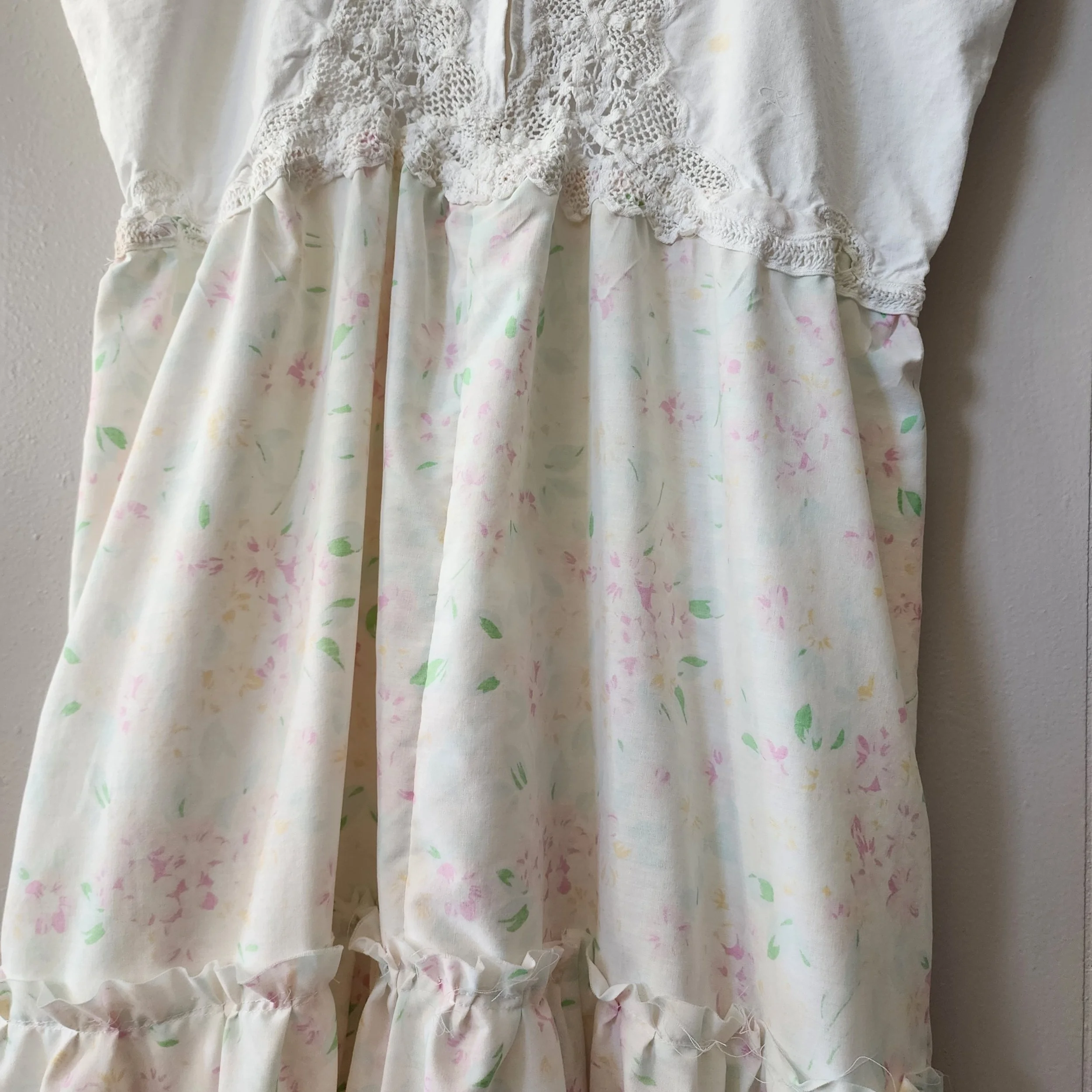 Handmade Vintage Textile Dress Easter Spring 1970s Pillowcase & 1980s Crochet XL - Hello Gorgeous Threads