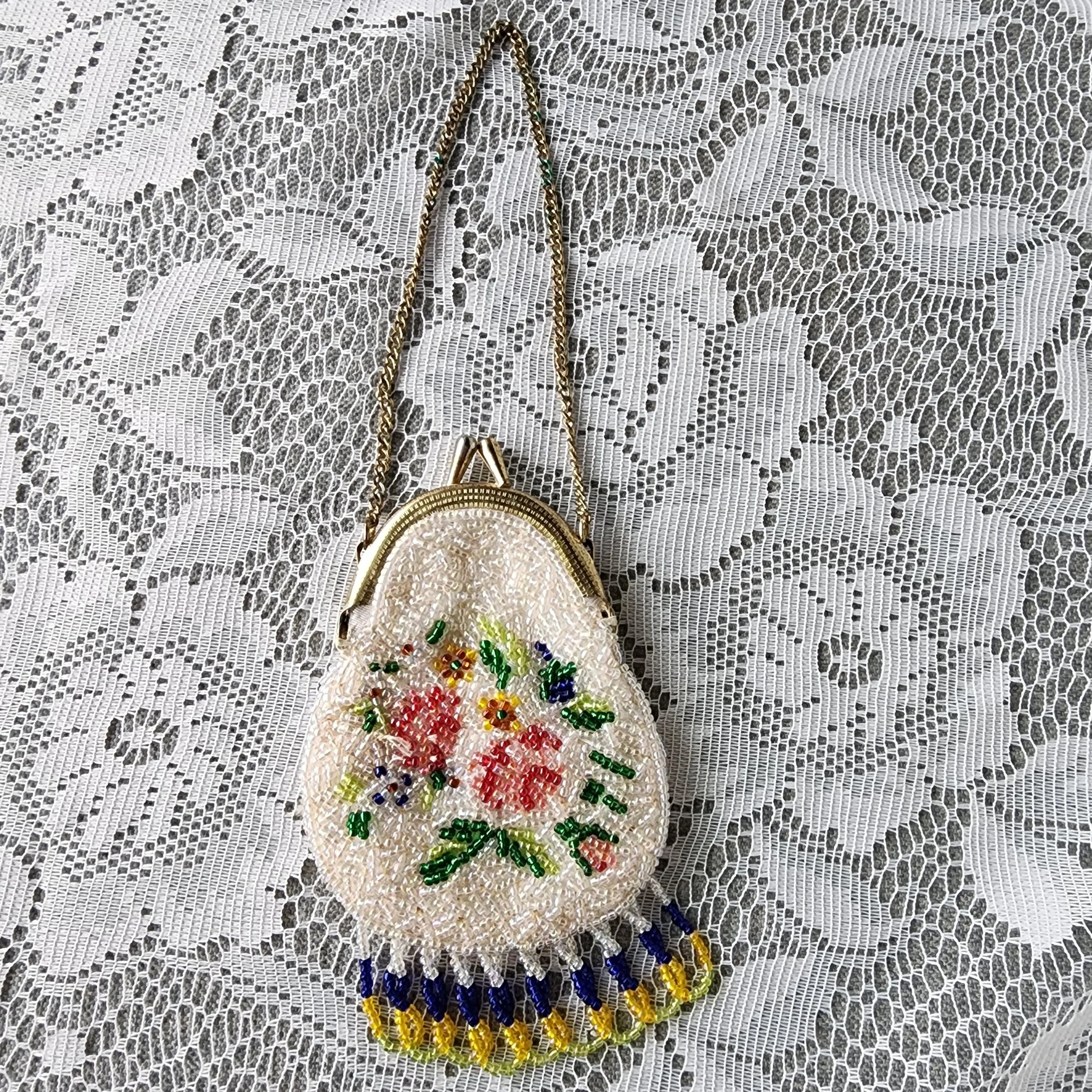 Antique Vintage Beaded Floral Purse 1920s Art Deco Flapper Evening Bag Fringe - Hello Gorgeous Threads