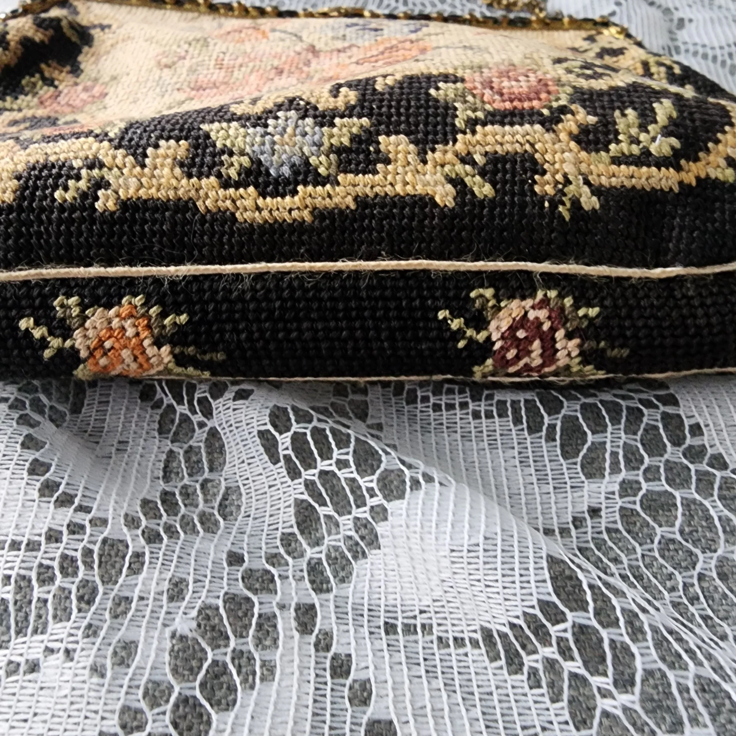 Vintage Petit Point Purse Floral Needlepoint Evening Bag Brass Frame - Hello Gorgeous Threads