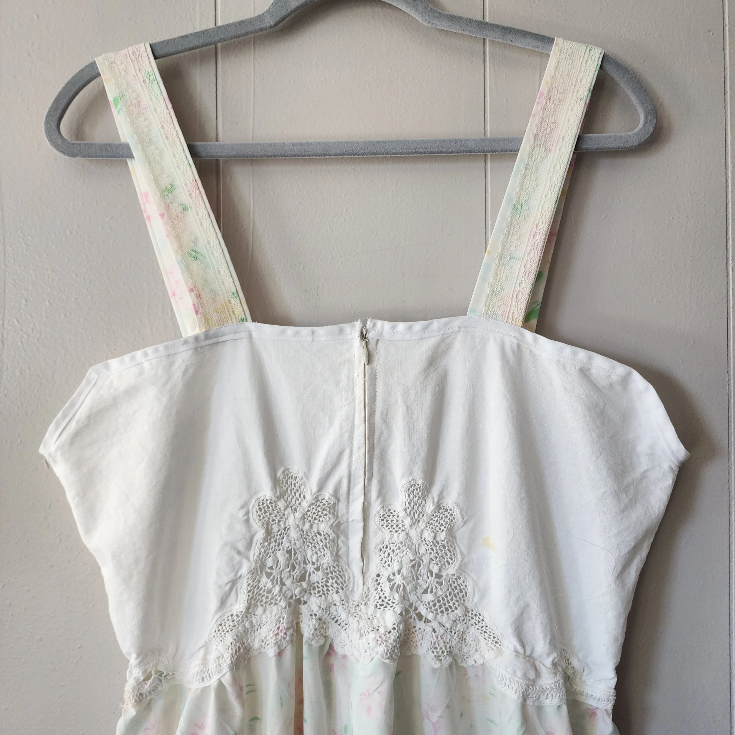 Handmade Vintage Textile Dress Easter Spring 1970s Pillowcase & 1980s Crochet XL - Hello Gorgeous Threads