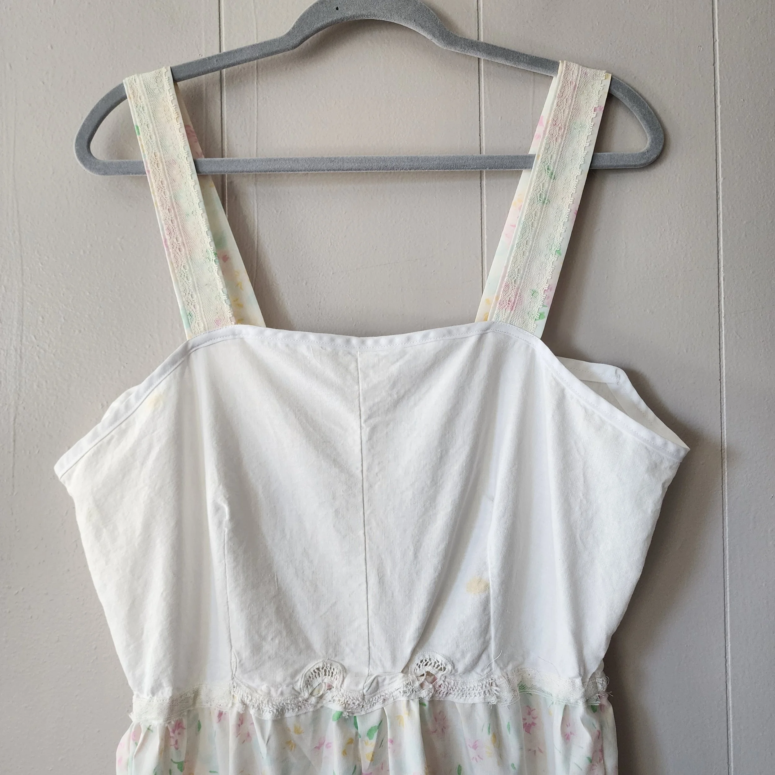 Handmade Vintage Textile Dress Easter Spring 1970s Pillowcase & 1980s Crochet XL - Hello Gorgeous Threads