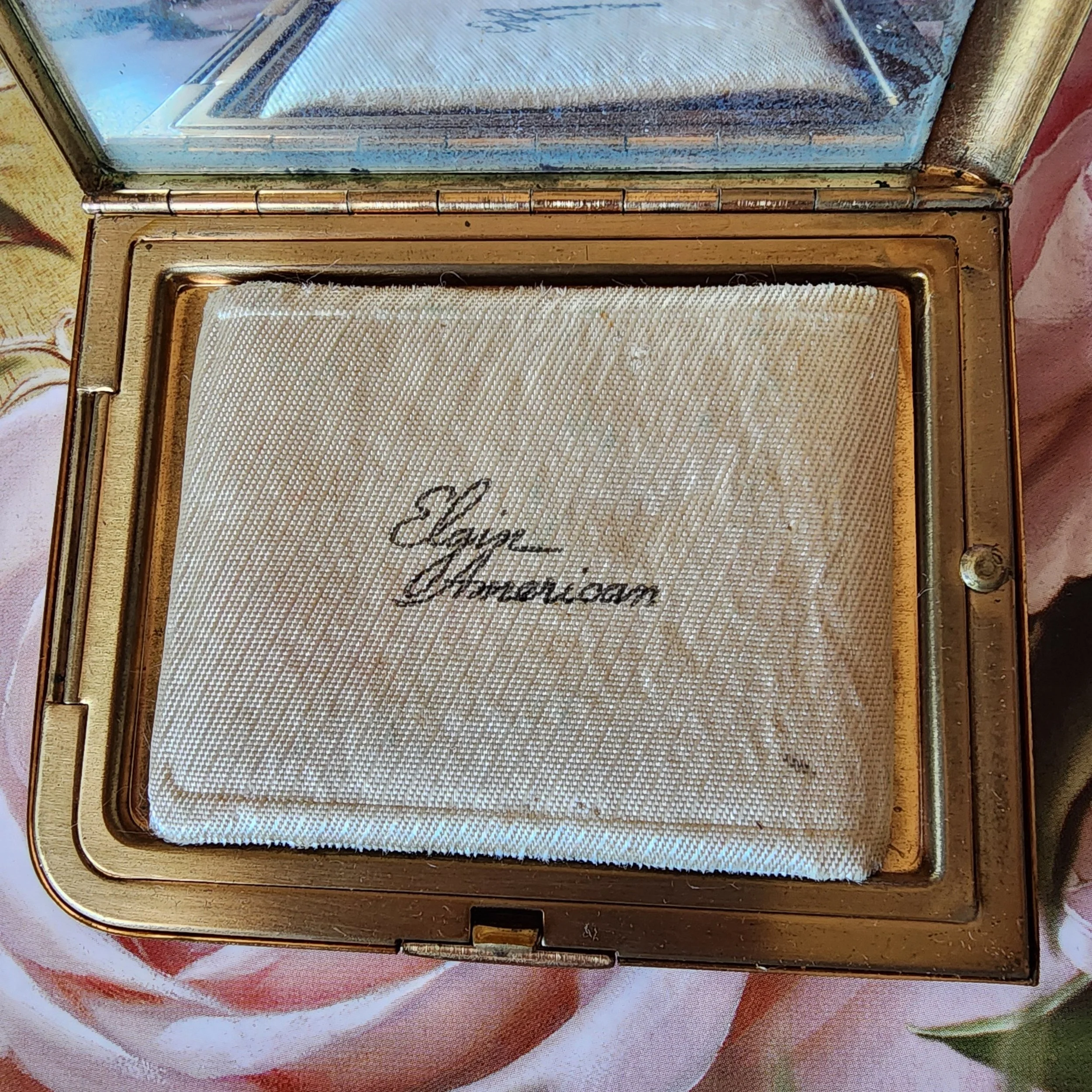 Vintage 1940s Elgin American Brass Compact Mirror Powder Case With Puff & Card - Hello Gorgeous Threads