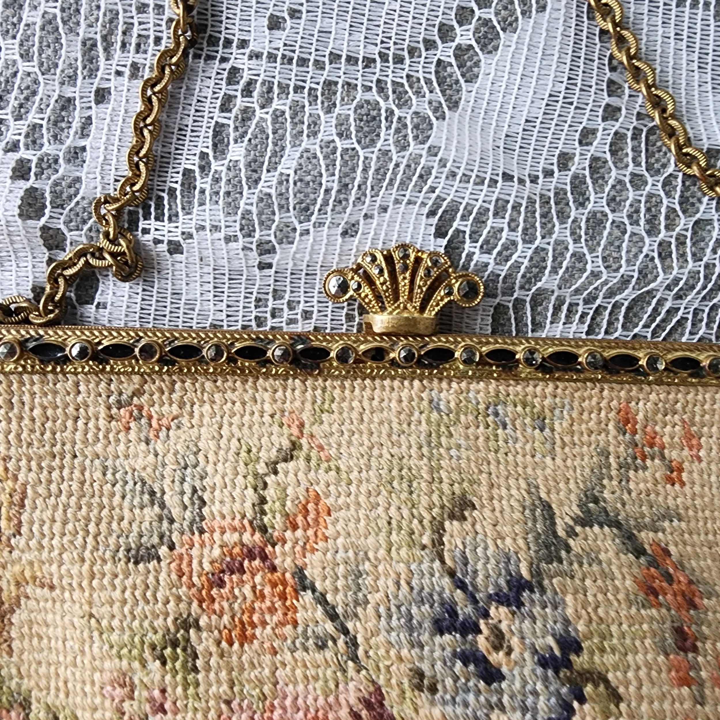 Vintage Petit Point Purse Floral Needlepoint Evening Bag Brass Frame - Hello Gorgeous Threads