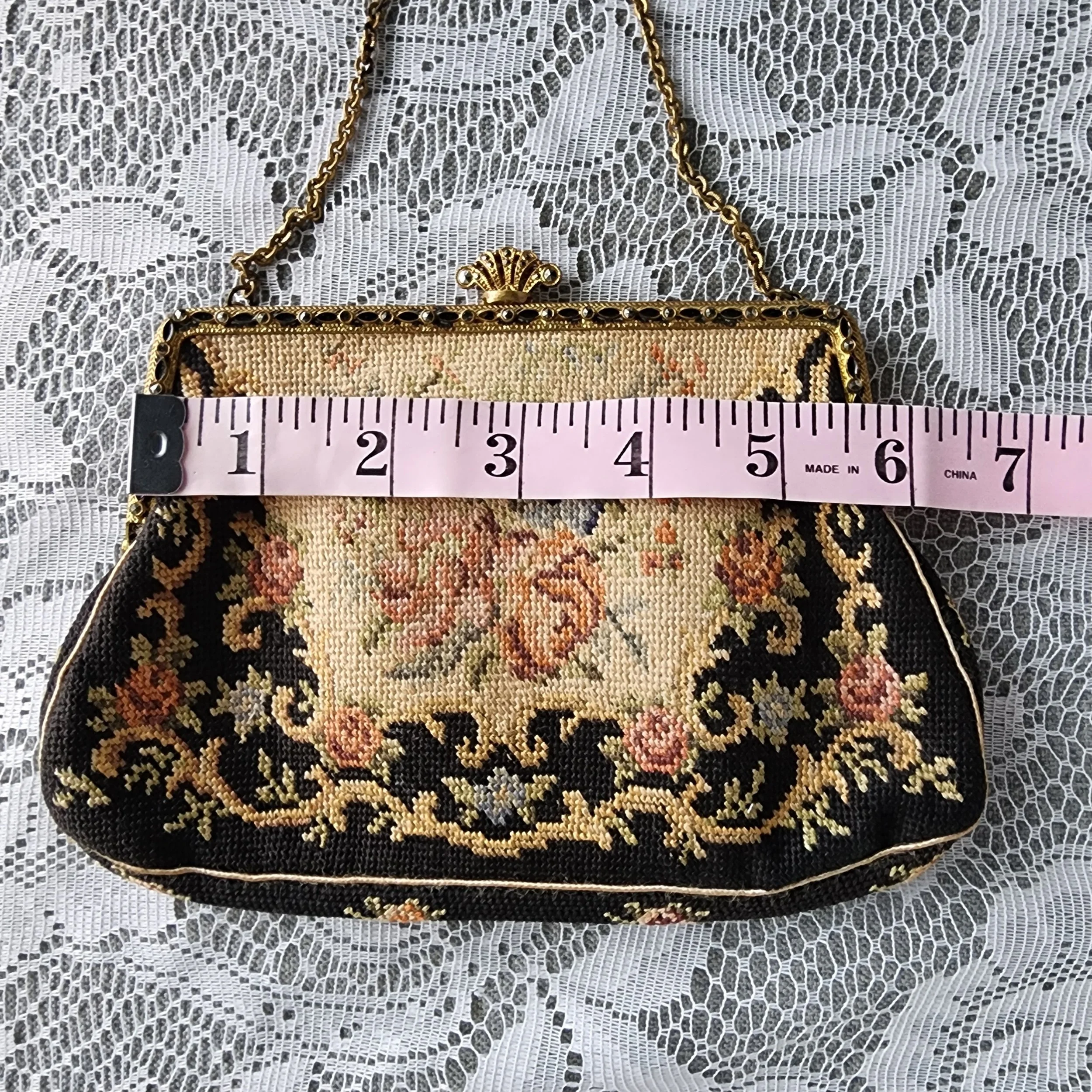 Vintage Petit Point Purse Floral Needlepoint Evening Bag Brass Frame - Hello Gorgeous Threads