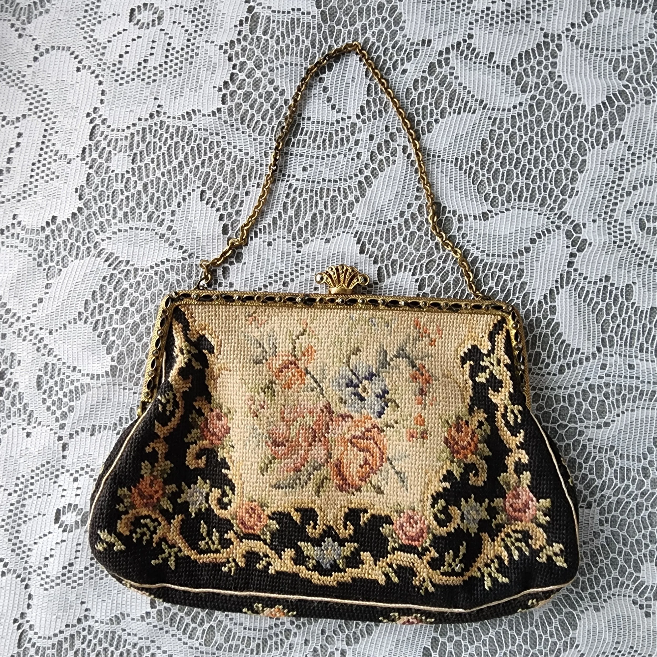 Vintage Petit Point Purse Floral Needlepoint Evening Bag Brass Frame - Hello Gorgeous Threads