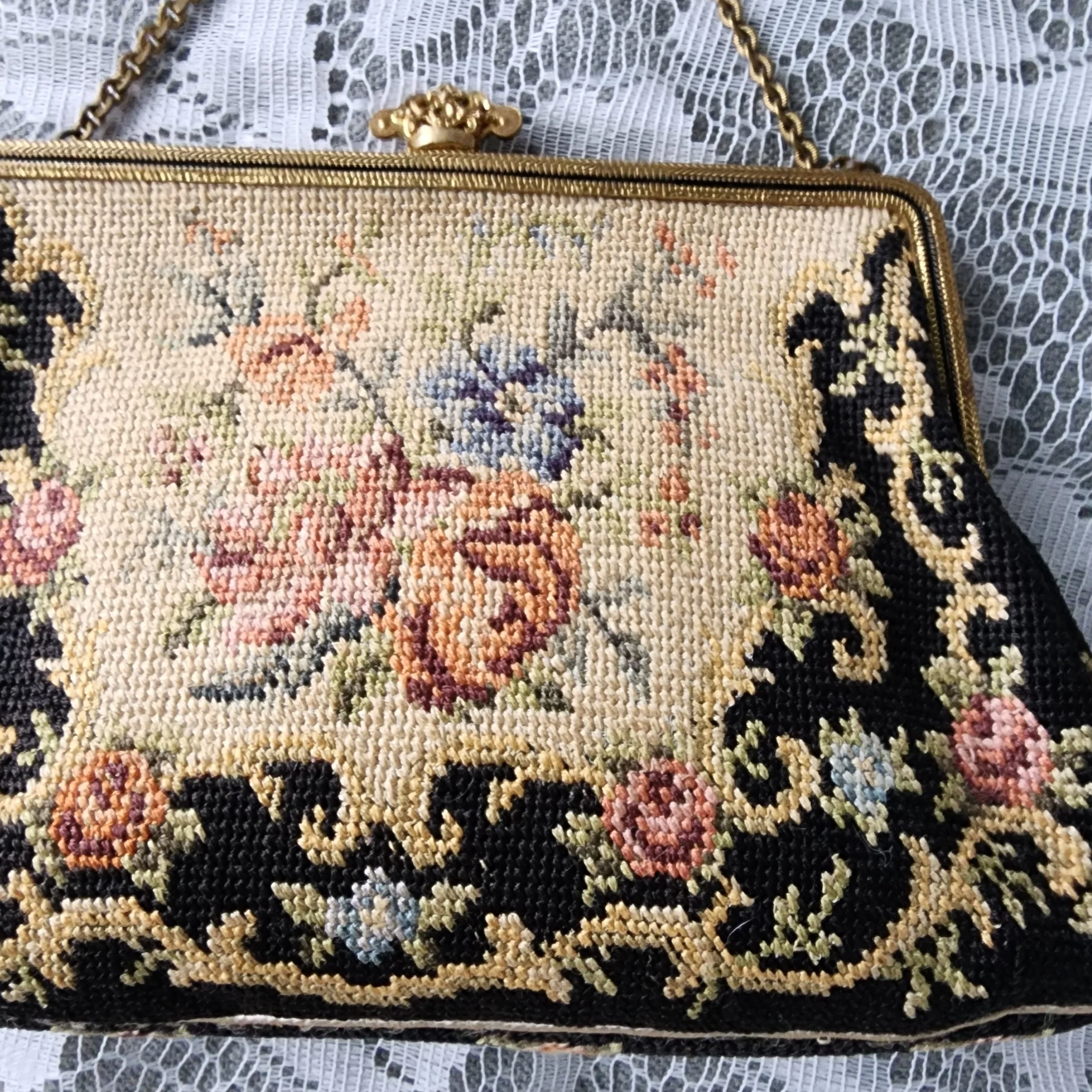 Vintage Petit Point Purse Floral Needlepoint Evening Bag Brass Frame - Hello Gorgeous Threads