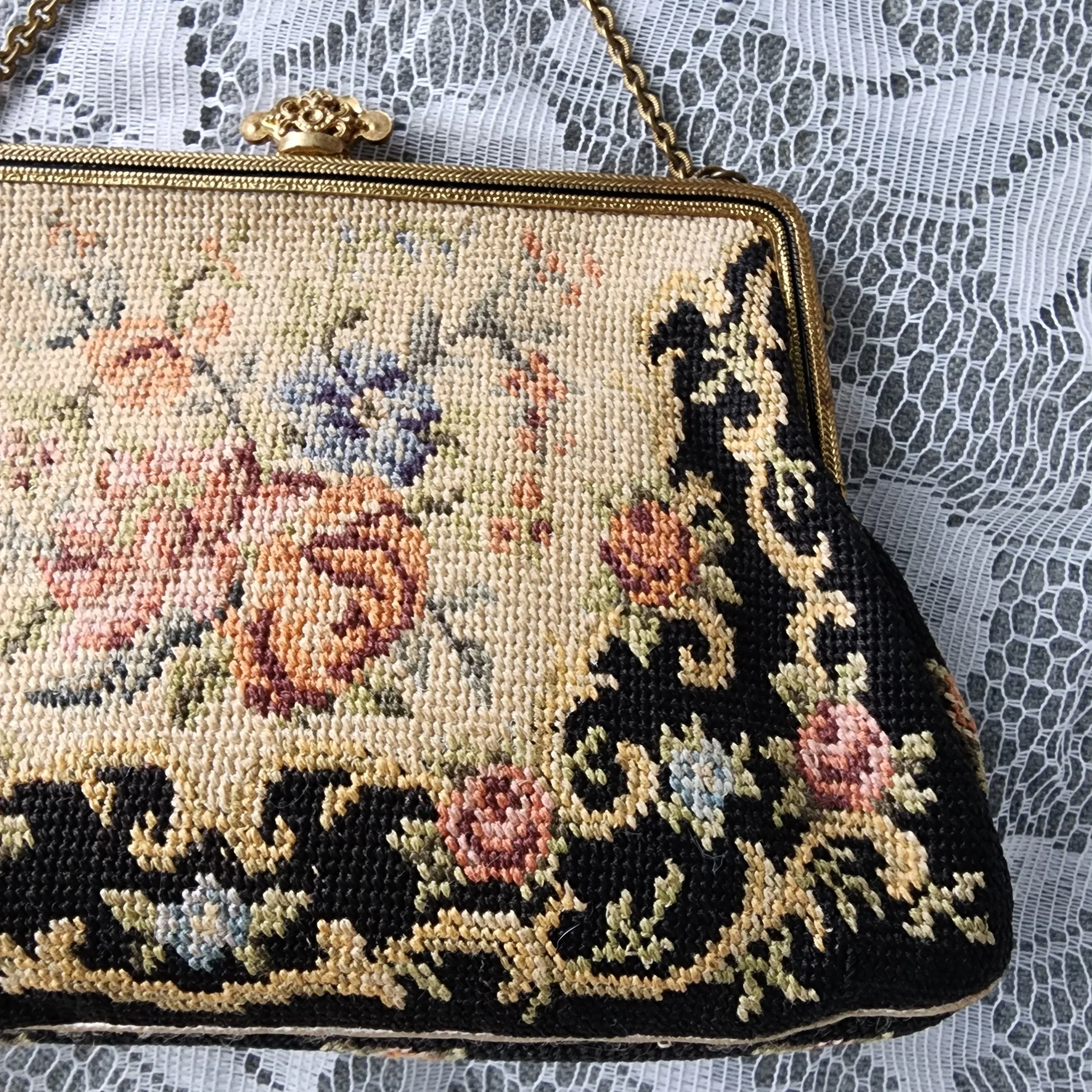 Vintage Petit Point Purse Floral Needlepoint Evening Bag Brass Frame - Hello Gorgeous Threads