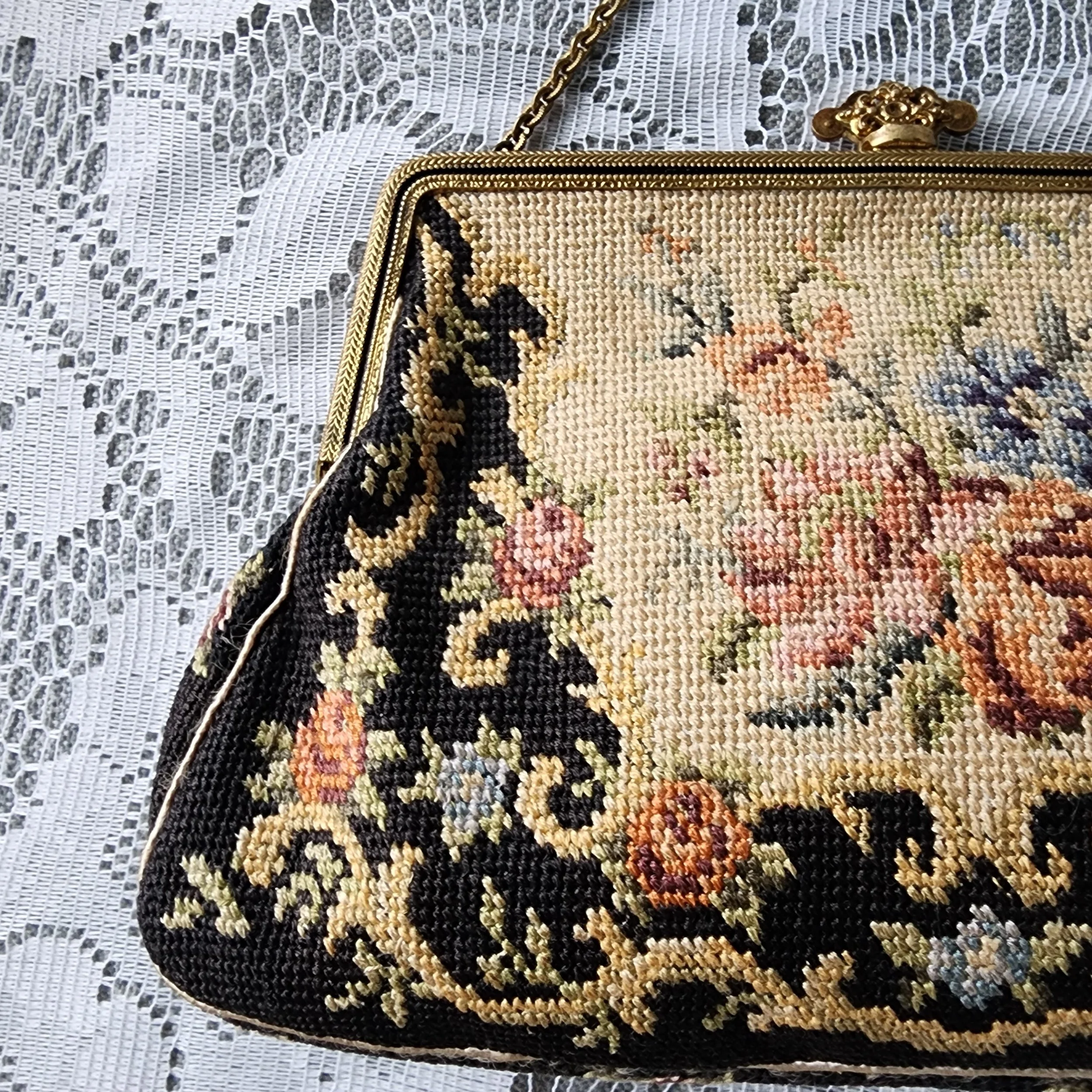Vintage Petit Point Purse Floral Needlepoint Evening Bag Brass Frame - Hello Gorgeous Threads