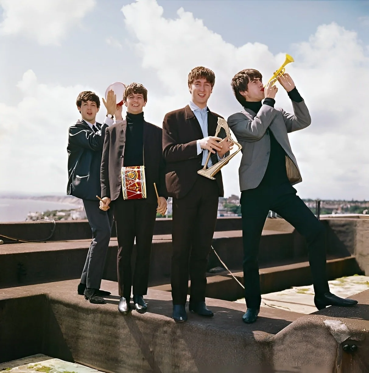   The Beatles on top of the Palace Court Hotel in Bournemouth August 1964  