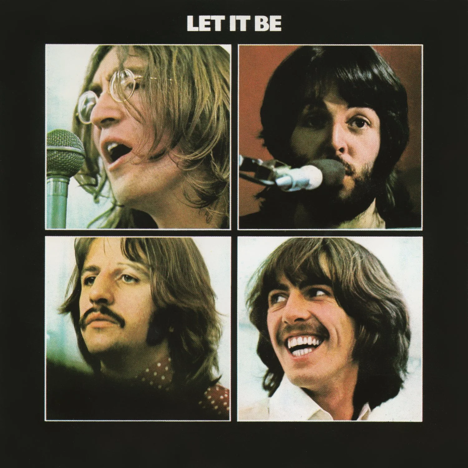 Cover art for the Beatles' album "Let It Be," featuring four photos of the band members in a 2x2 grid. Top left: Paul McCartney singing into a microphone, top right: George Harrison singing into a microphone, bottom left: Ringo Starr with a mustache, bottom right: John Lennon smiling.