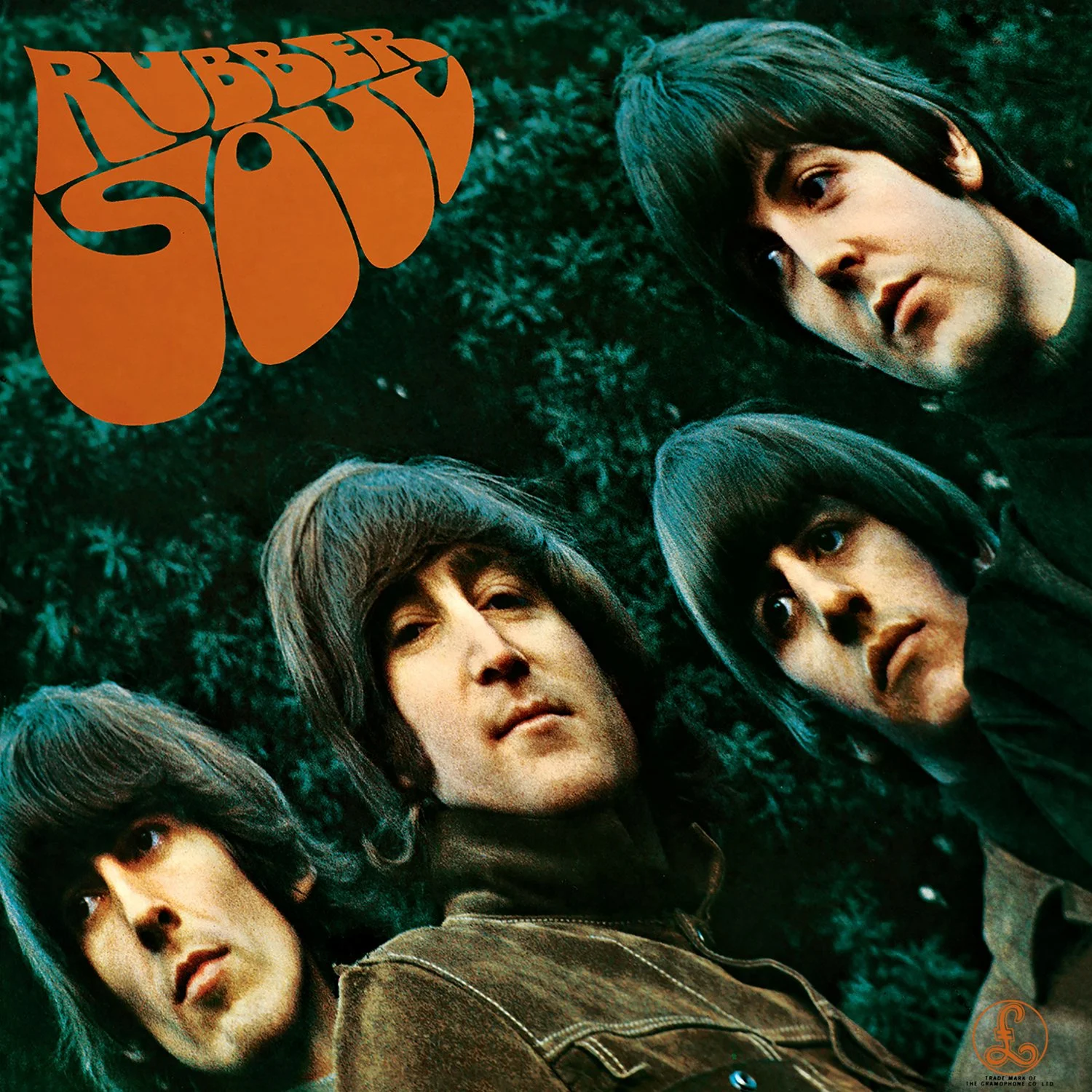 The Beatles' album cover of Rubber Soul featuring a tilted photo of the band members against a dark green background with orange stylized text of the album title.