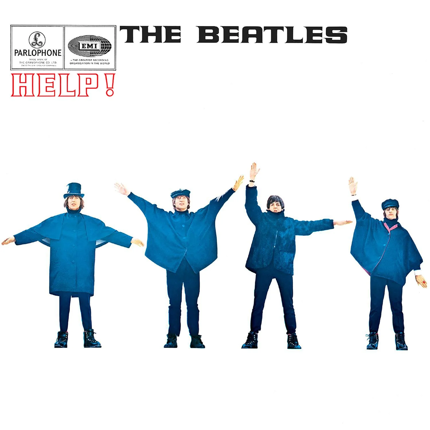 The Beatles' album cover for "Help!" showing four members with arms outstretched, dressed in blue jackets and pants, with a white background. The top features the band name and logos, with the word "HELP!" in red and outlined font.