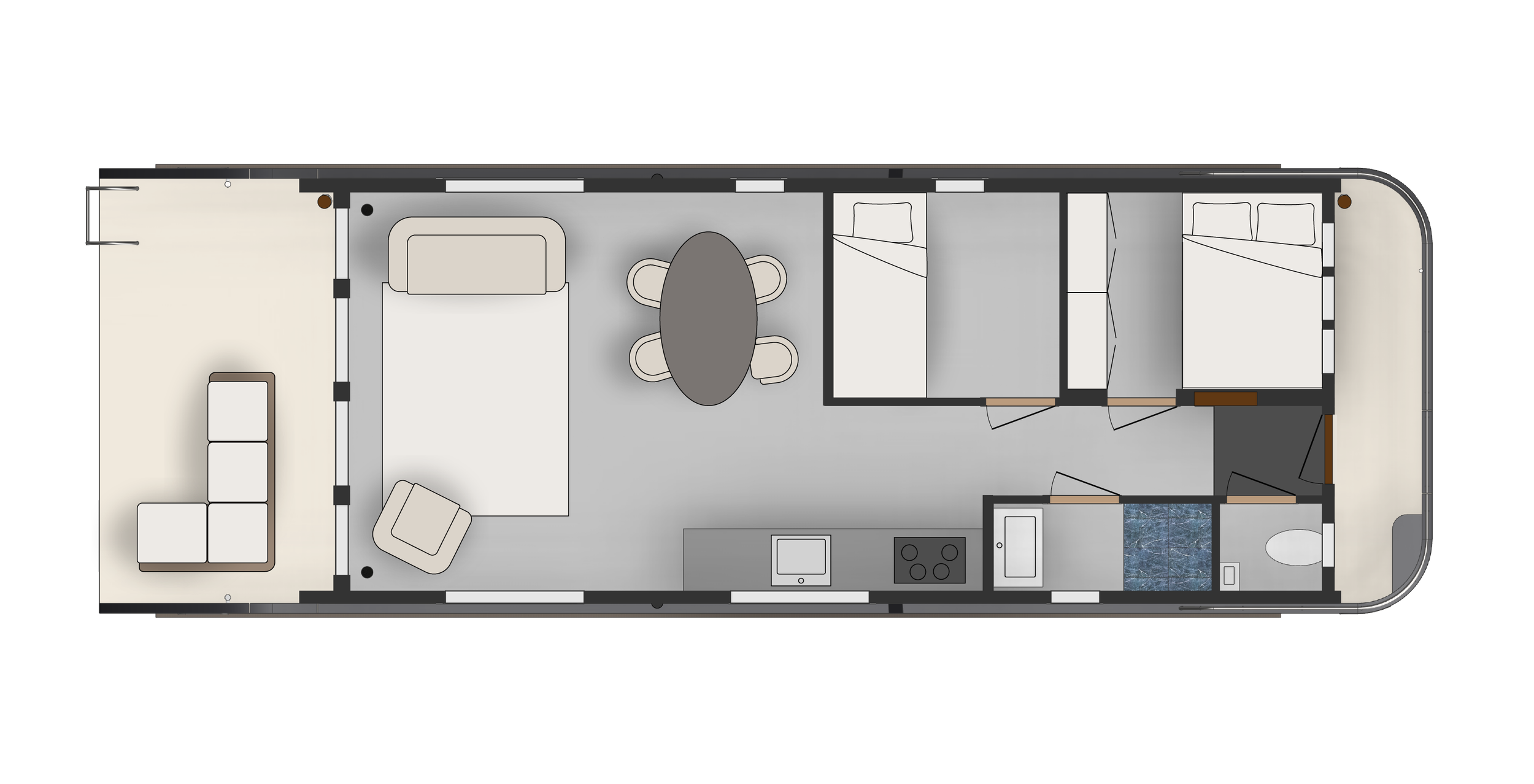 Floor plan layout of a houseboat with living area, dining space, bedrooms, kitchen, and bathroom.