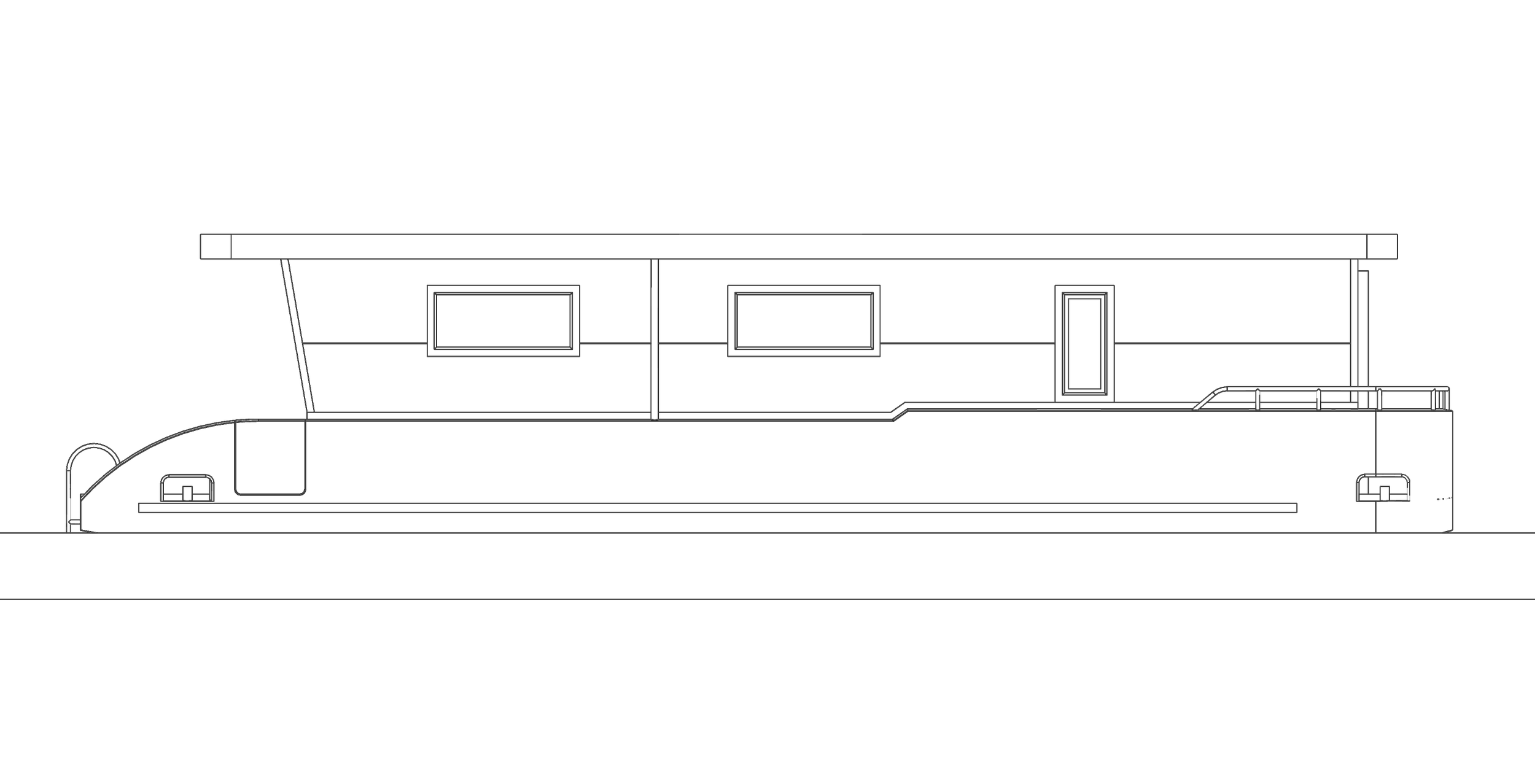 Technical drawing of a houseboat design with side view, showing compartment layout, windows, and doors.