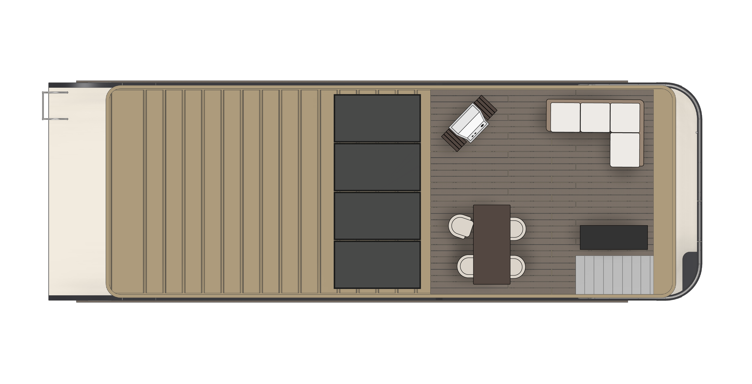 Top view layout of a rooftop deck with solar panels, seating area, dining table with chairs, and a barbecue grill.