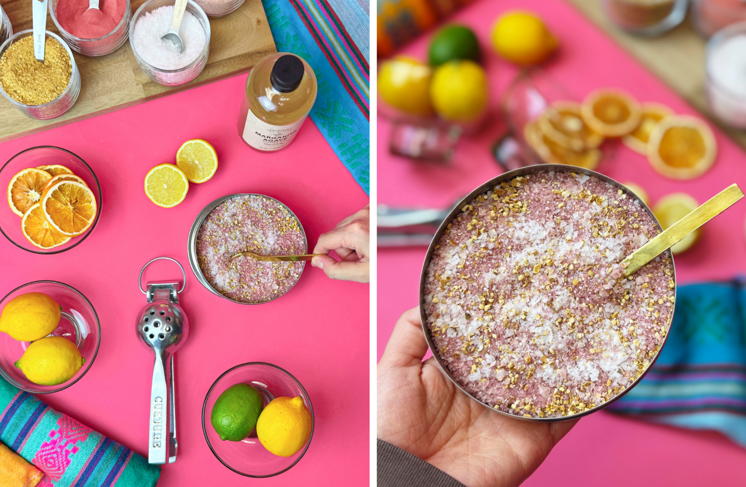 A side by side collage of images showing the Build your own Margarita Salt Station in Austin Texas