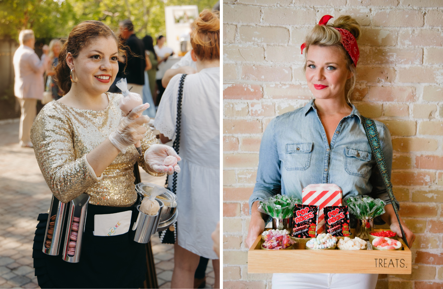 Side-by-side collage of Roaming Macarons and Roaming Treats attendants at Austin conferences