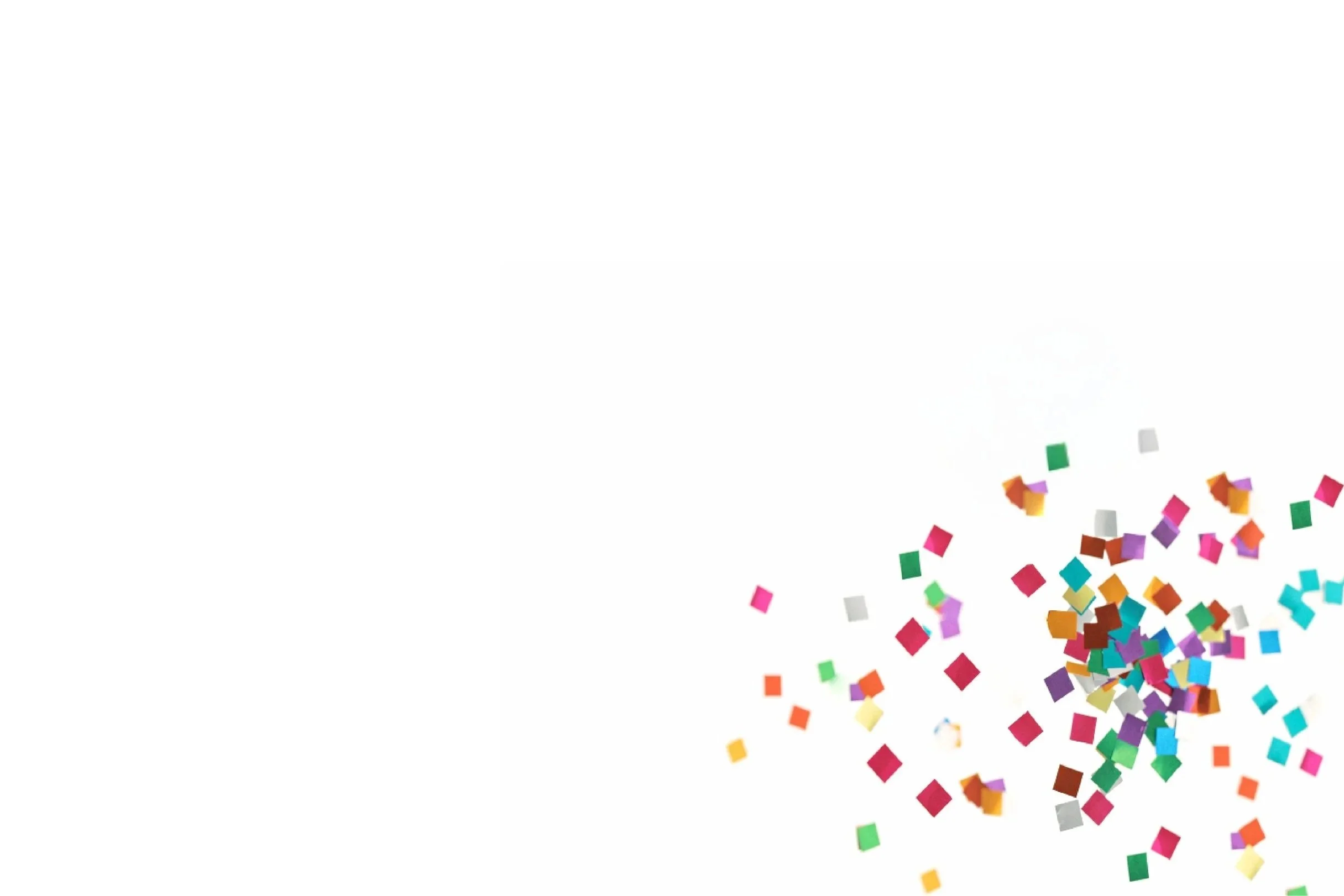 Colorful confetti scattered on a white background with blank space on the left.