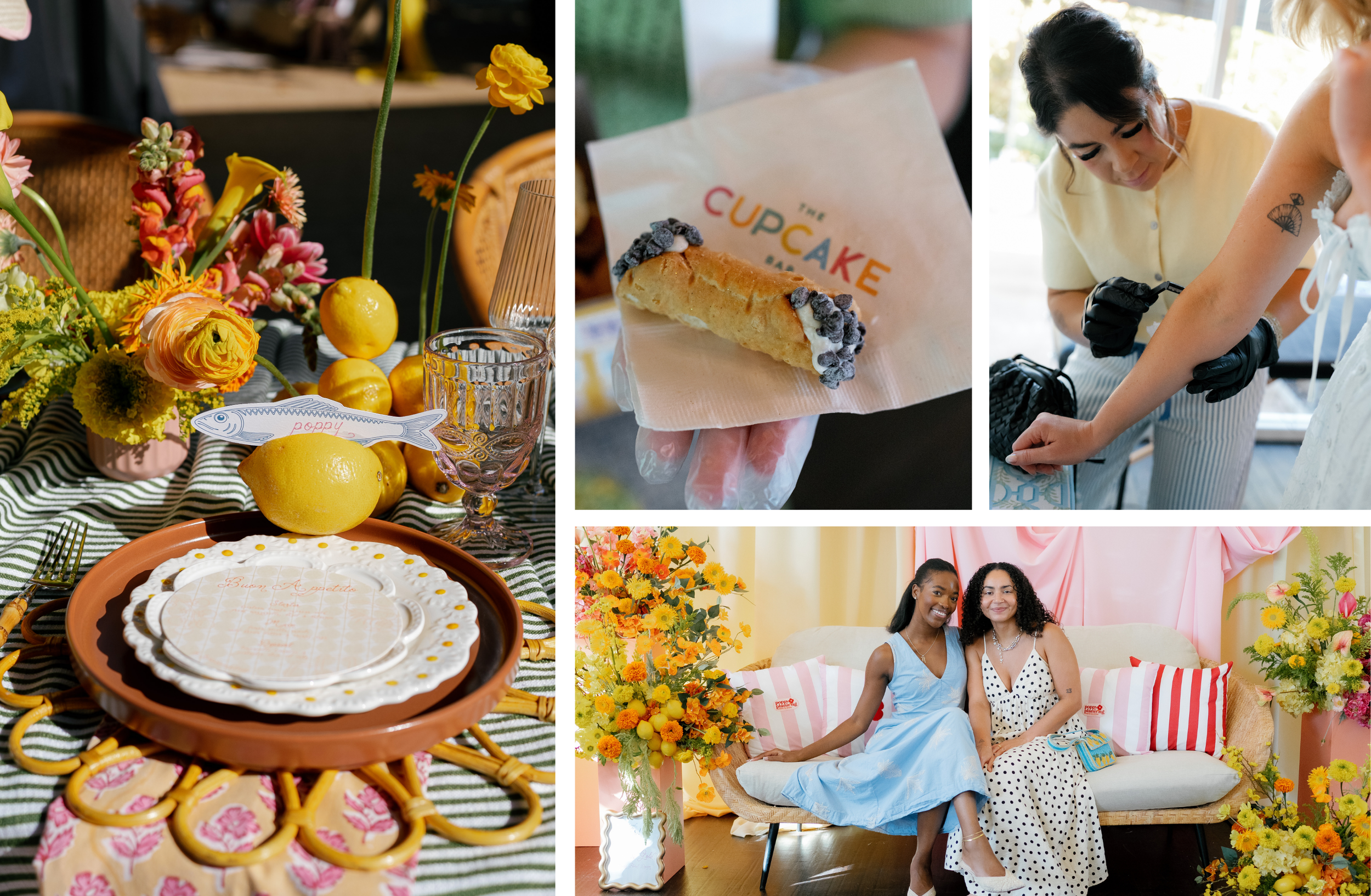Collage of an Italian-inspired wedding with lemon-filled tablescapes, a cannoli, a guest receiving a flash tattoo and friends posing in a colorful lounge.