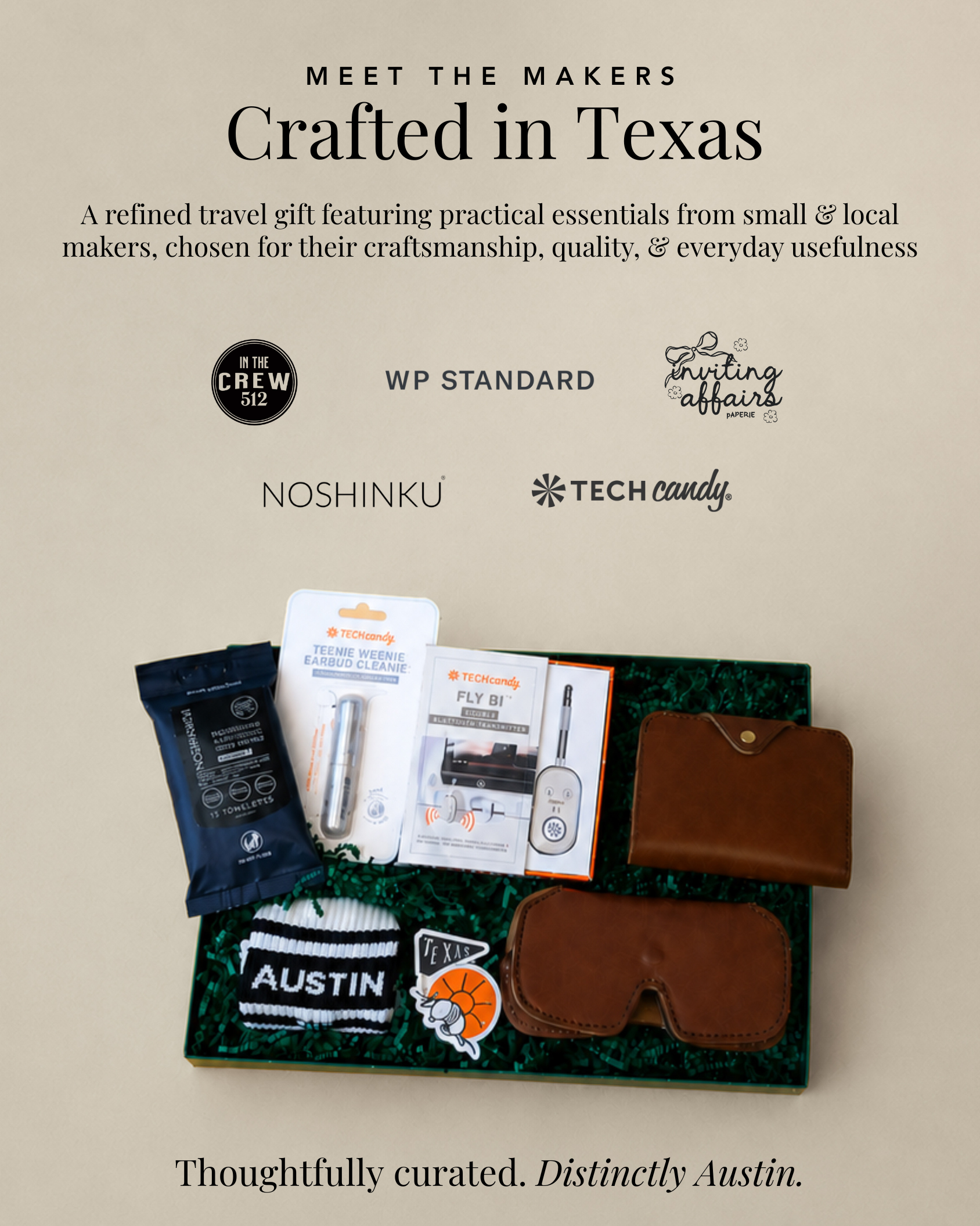 Small and local brands featured in The Austin Voyager, including WP Standard, In the Crew 512, Espacio Handmade, Noshinku, Tech Candy, and Inviting Affairs Paperie