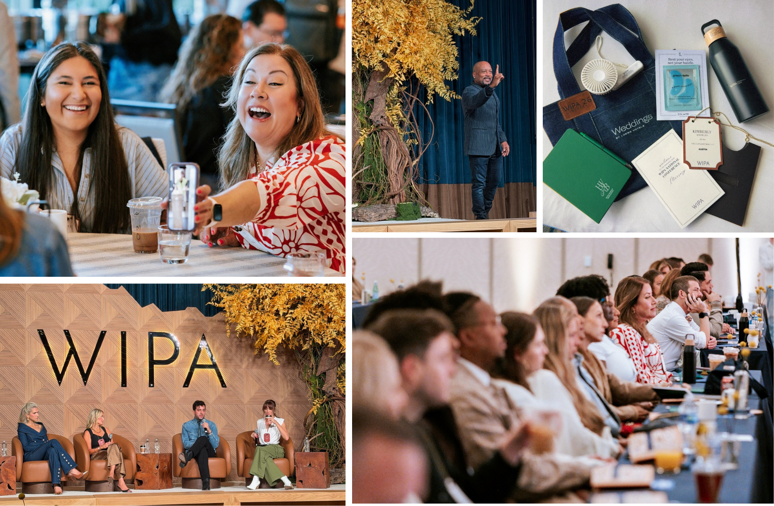 Collage of The Cupcake Bar team members, WIPACon speakers, conference sessions, and branded event materials at the WIPA National Conference.