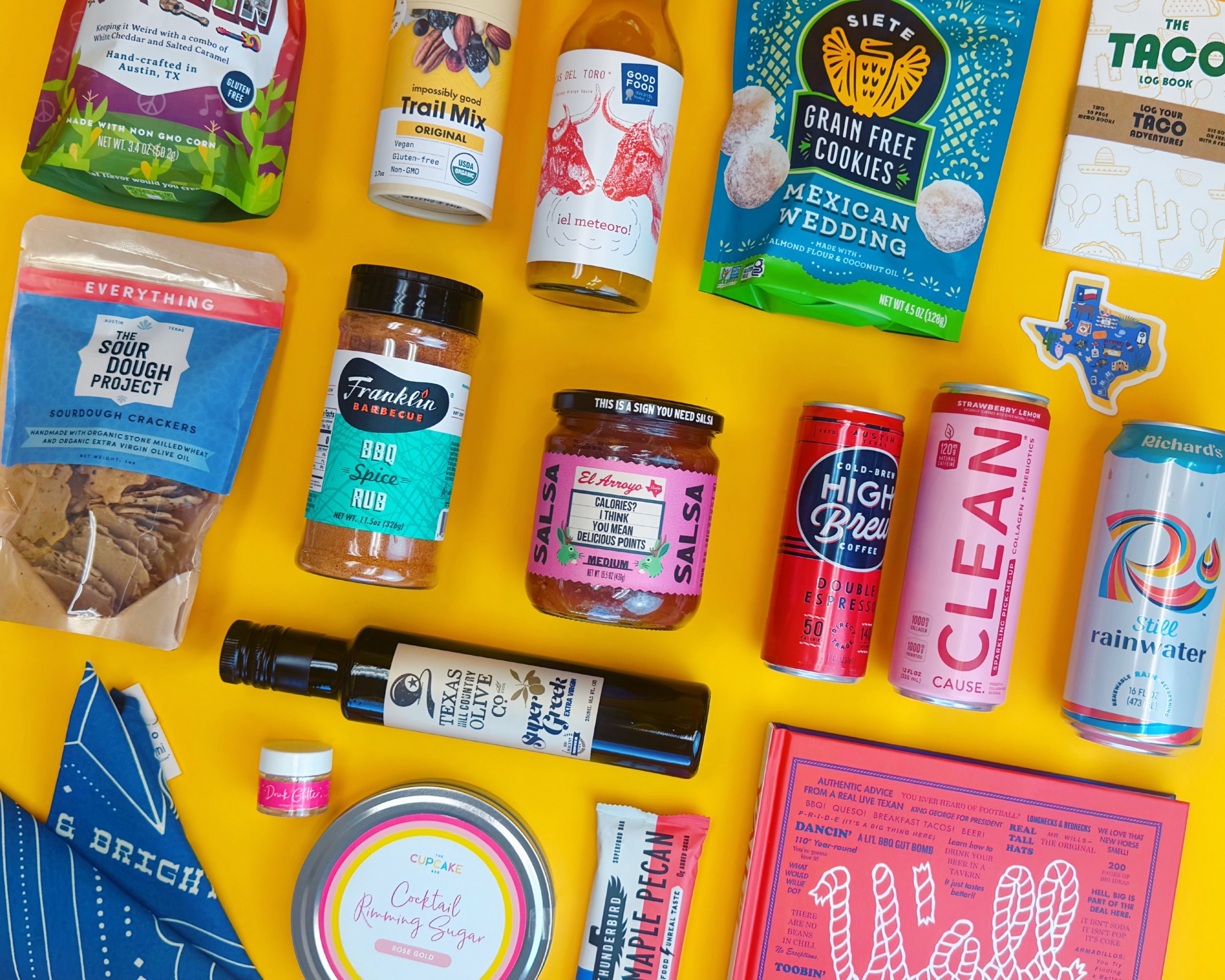 Local Austin products included in this gift basket. Fun snacks, drinks, and keepsakes to make this gift the full Austin experience!