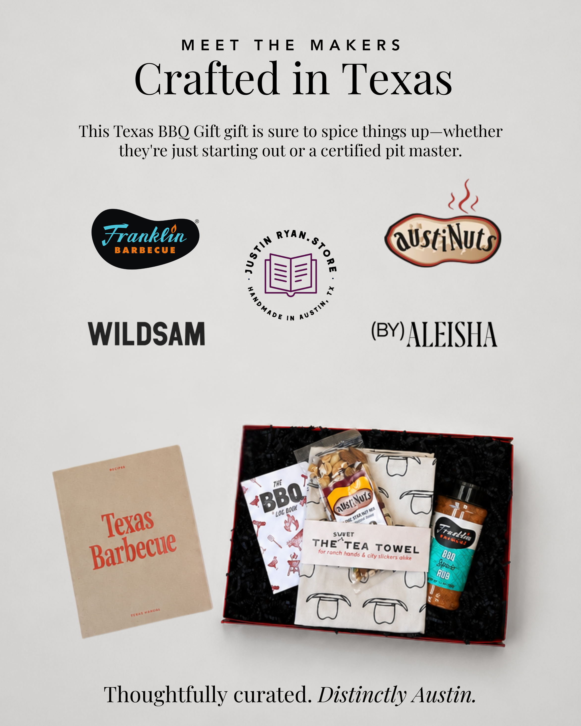 Small, local brands featured in our Texas BBQ gift basket, including Franklin BBQ, Wildsam, Justin Ryan Books, austiNuts, and ByAleisha