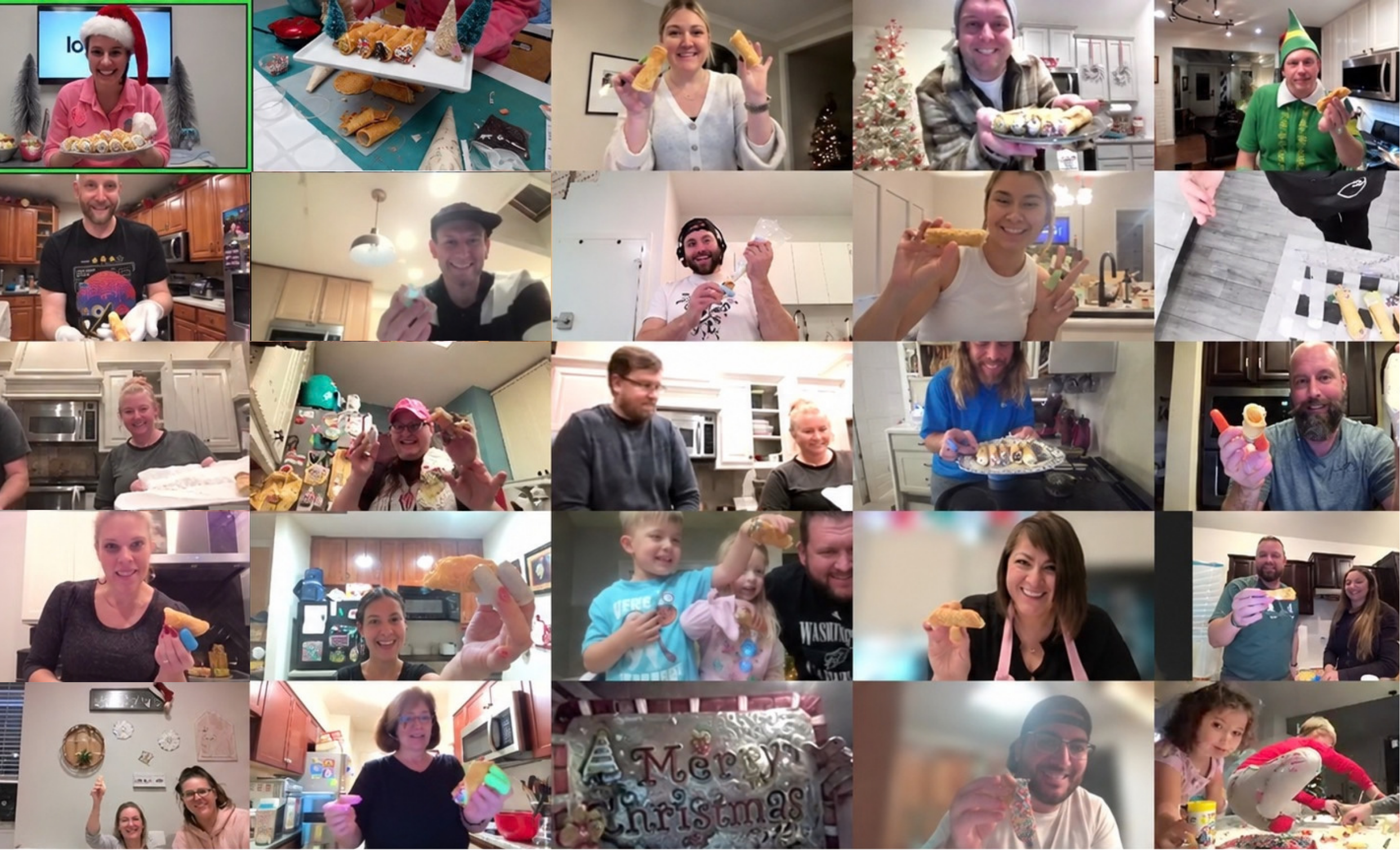 A screenshot of participants in a virtual cannoli class team builder show off their cannoli creations!