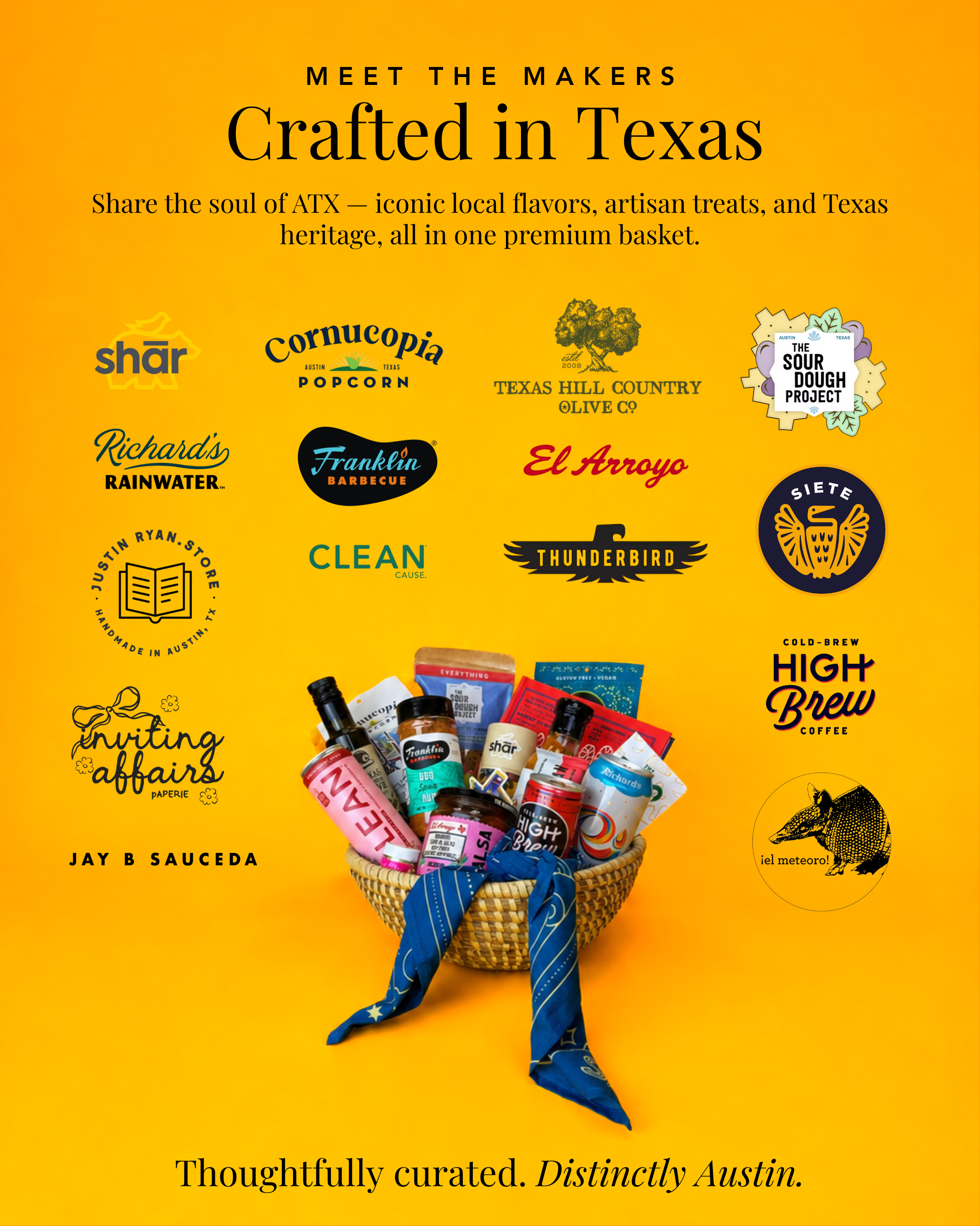 Local brands featured in our Heart of Texas Gift Basket, including Siete, Franklin BBQ, Cornucopia Popcorn, High Brew Coffee, Richard's Rainwater, Texas Hill Country Olive Co, and more