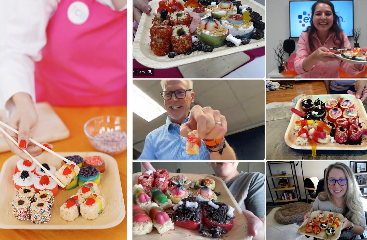 Left: plate of 4 different candy sushi rolls made in a virtual team building experience. Right: Screenshots of Halloween-themed candy sushi virtual class.