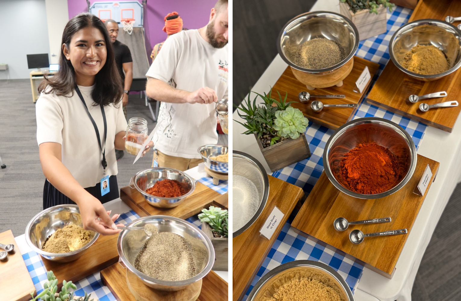 Collage of two pictures at a build your own BBQ spice rub bar: one of woman smiling while holding a spoon in a container of pepper, and the other is an overhead view of a variety of spices, measuring spoons, and decor.