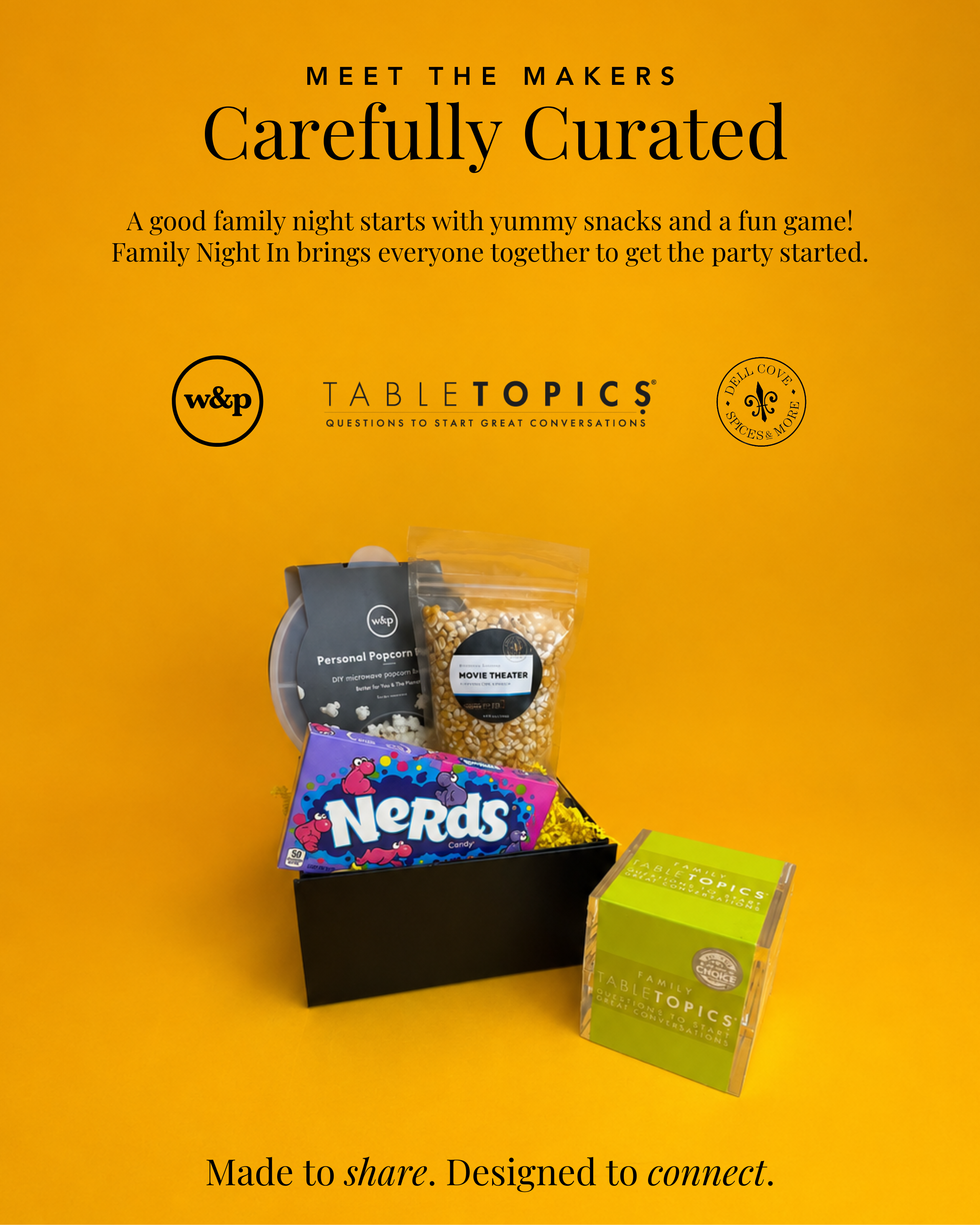A closer look at the small brands featured in Family Night In, including W&P, TableTopics, and Dell Cove Spices & More