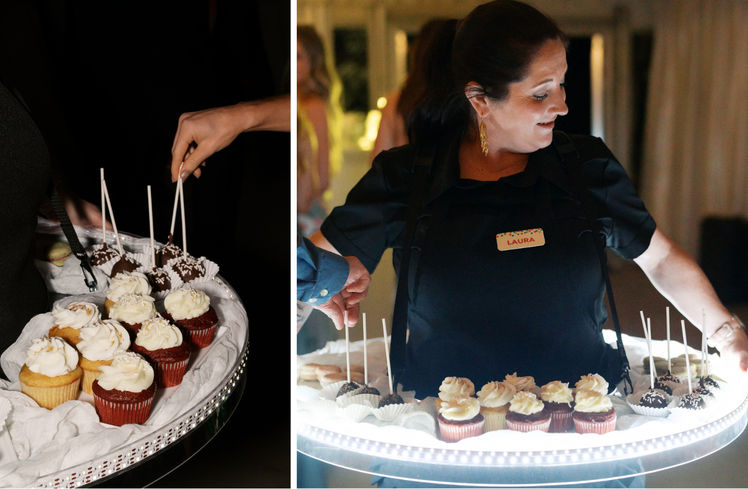 Interactive Glow Orbit Tray roaming the crowd at a wedding reception in Austin Texas, filled with desserts for guests to enjoy