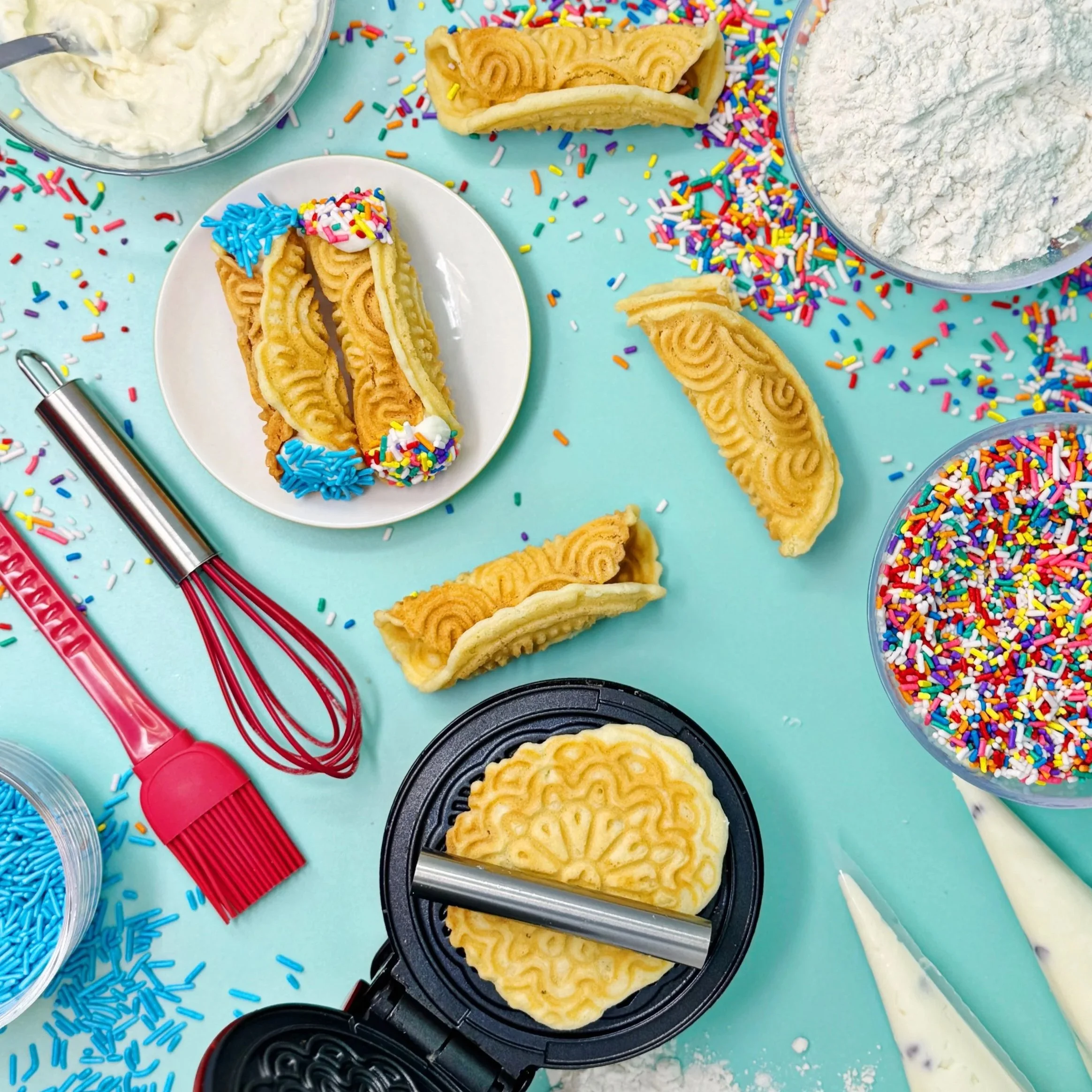 An overhead shot of some of the ingredients in the Cannoli Class Kit